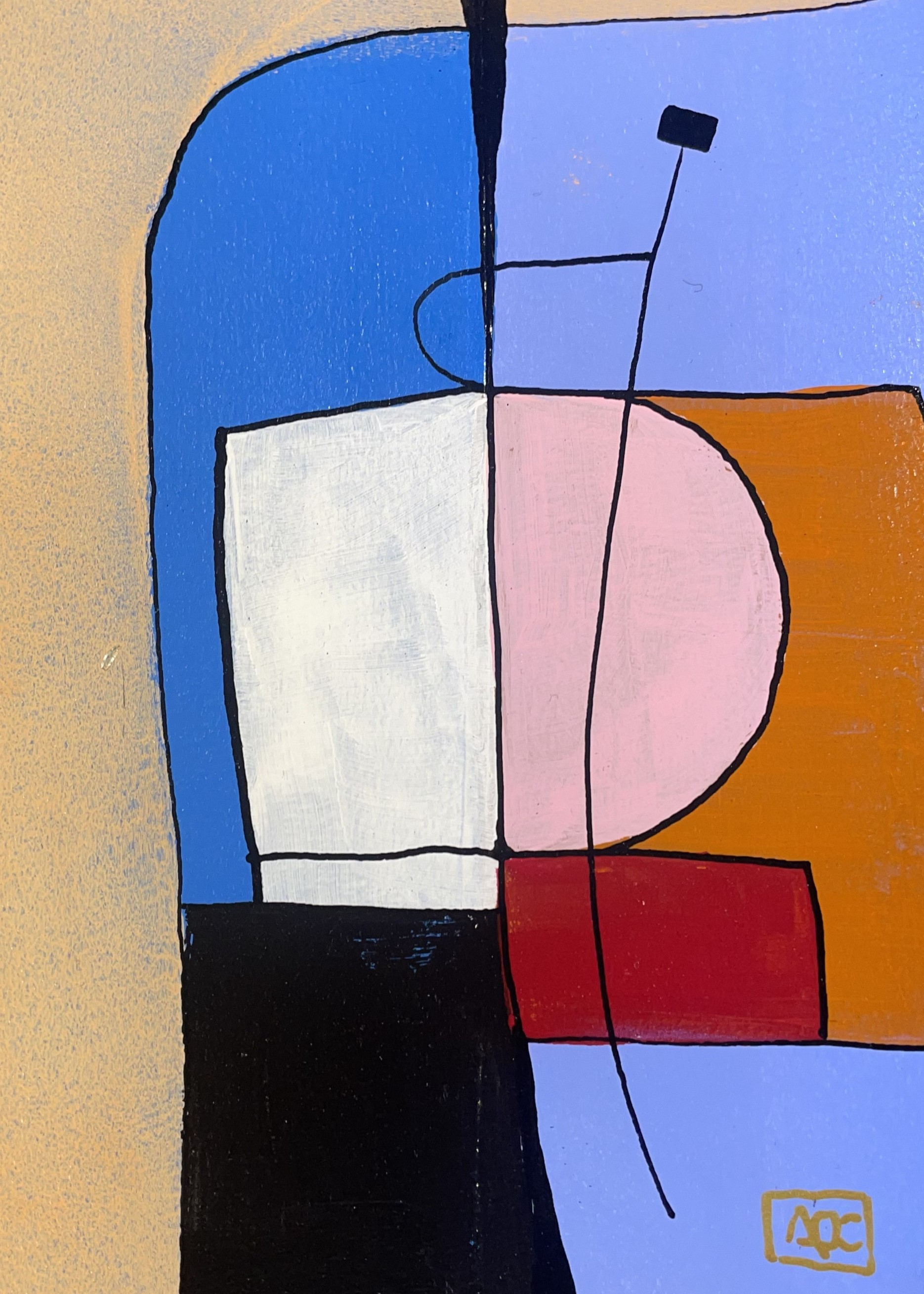 Peinture acrylique abstraite avec des formes géométriques violettes, jaune-orange et bleu-violet traduisant l'accord de Do mineur