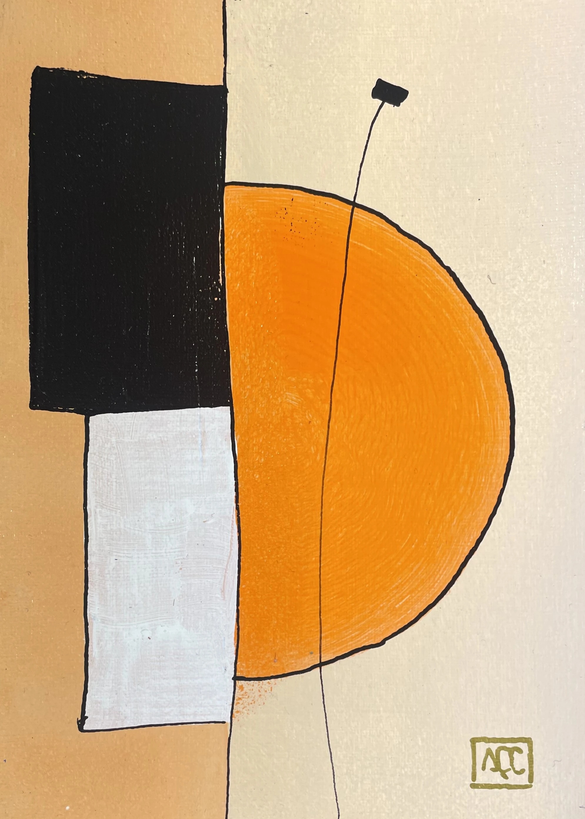 Ré Octaves - Réflexions 43 par Arnaud Quercy chez Art Quam Anima — peinture acrylique sur papier, Composition géométrique acrylique : demi-cercle orange, rectangles noirs, arrière-plan crème dans un arrangement harmonique