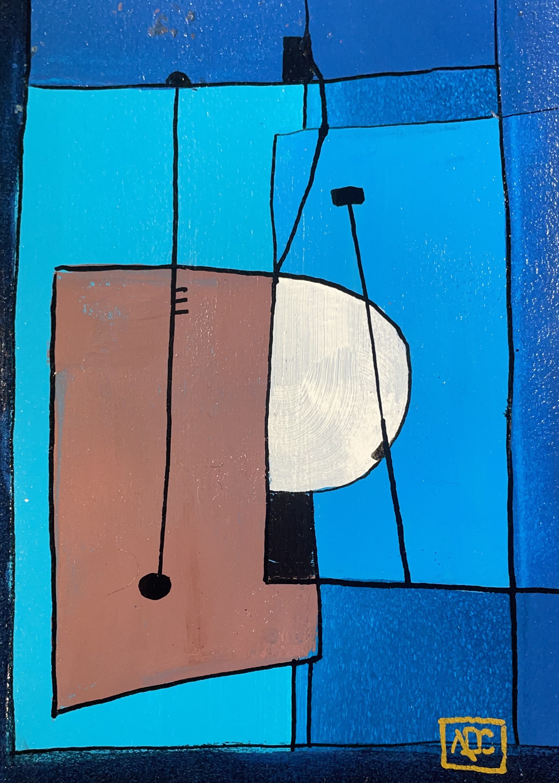 Peinture acrylique montrant des zones colorées rouge-orange et bleu-violet avec des tons violet plus sombres dans une composition verticale