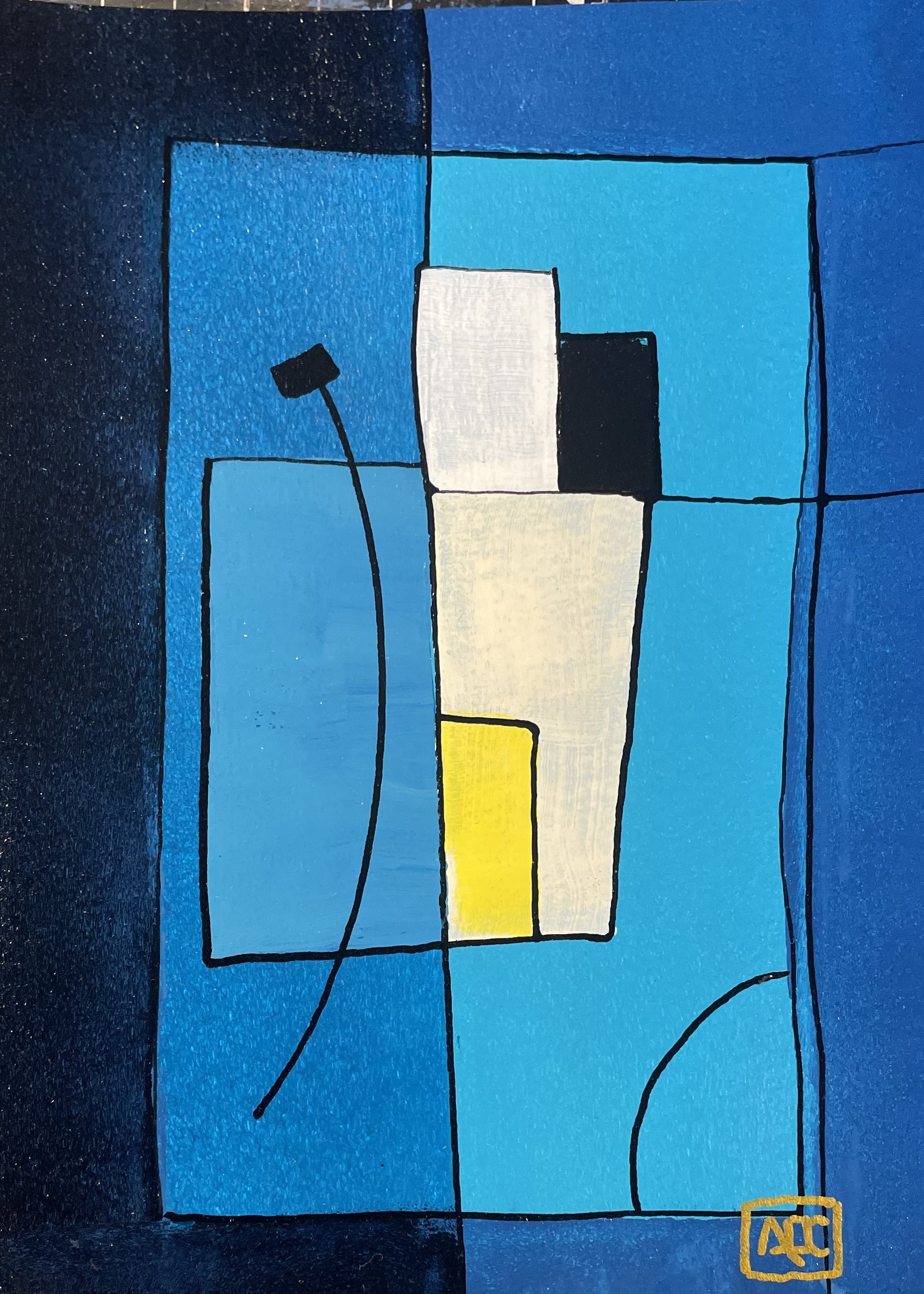 Peinture acrylique : formes géométriques bleu-violet, turquoise et jaunes en composition angulaire avec ancrage central blanc