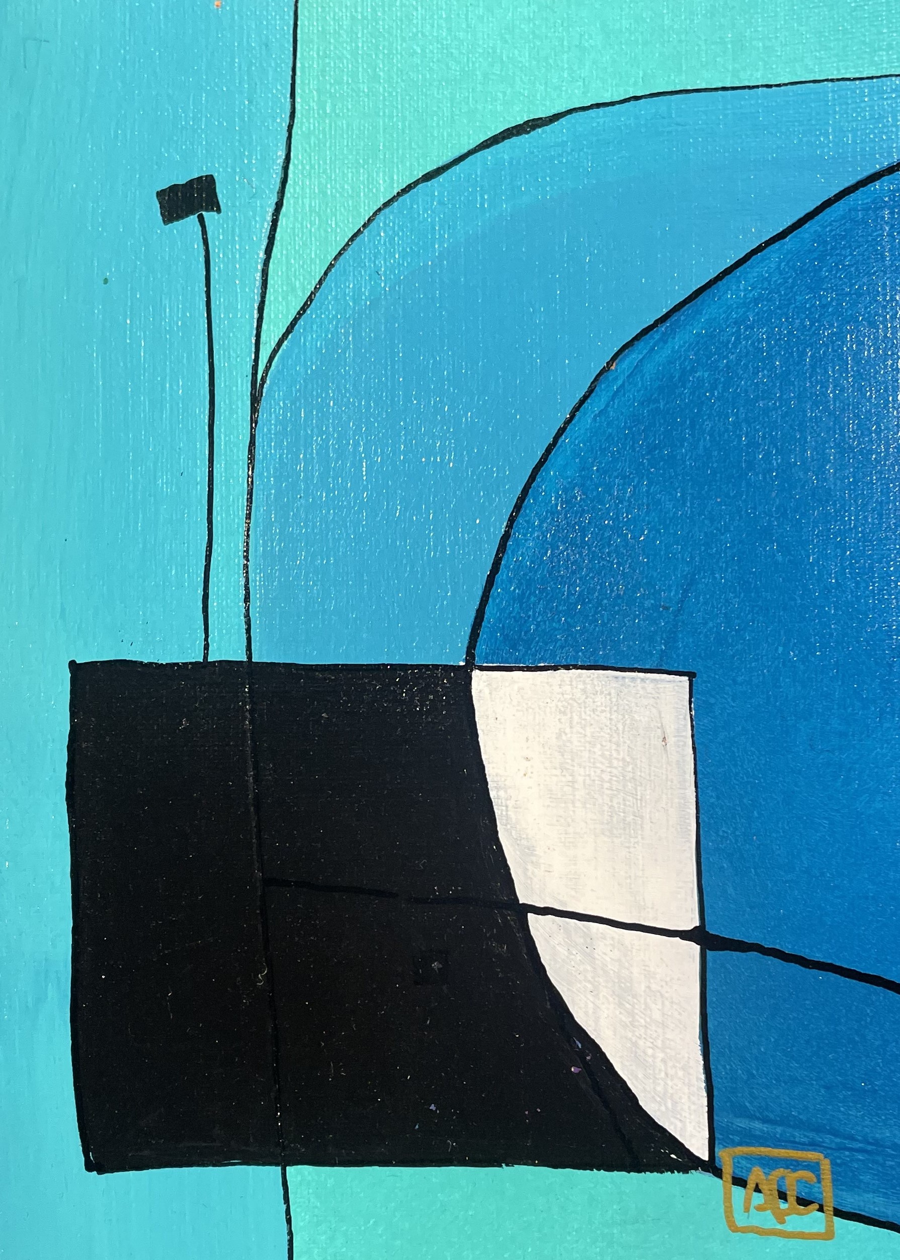 Peinture acrylique : formes géométriques bleu-vert et noires avec lignes courbes et accents blancs en composition verticale
