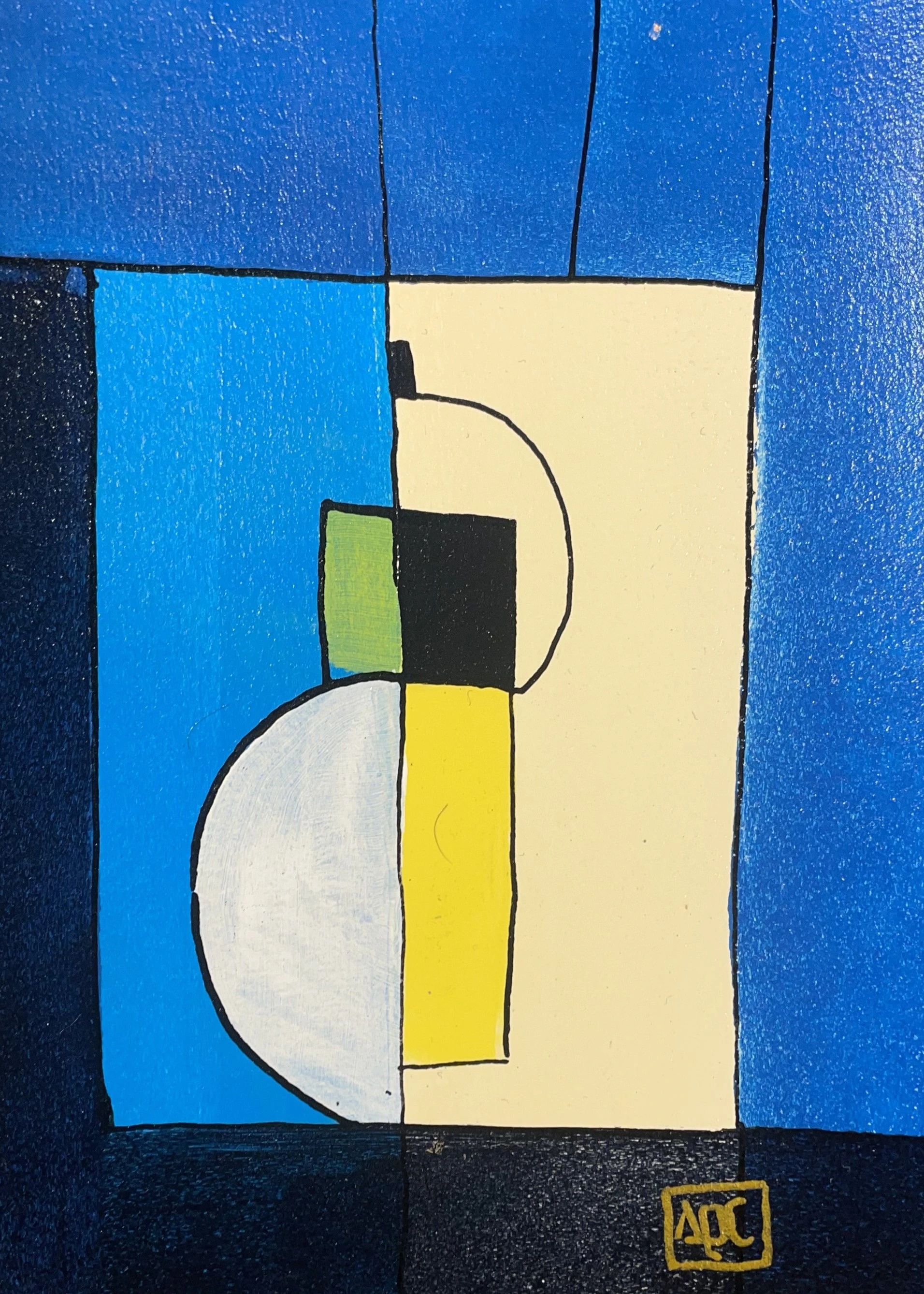 Mi Majeur - Variations 11 par Arnaud Quercy chez Art Quam Anima — peinture acrylique sur papier, Peinture abstraite géométrique : rectangles bleu-violet, sections blé, accents jaunes en composition structurée