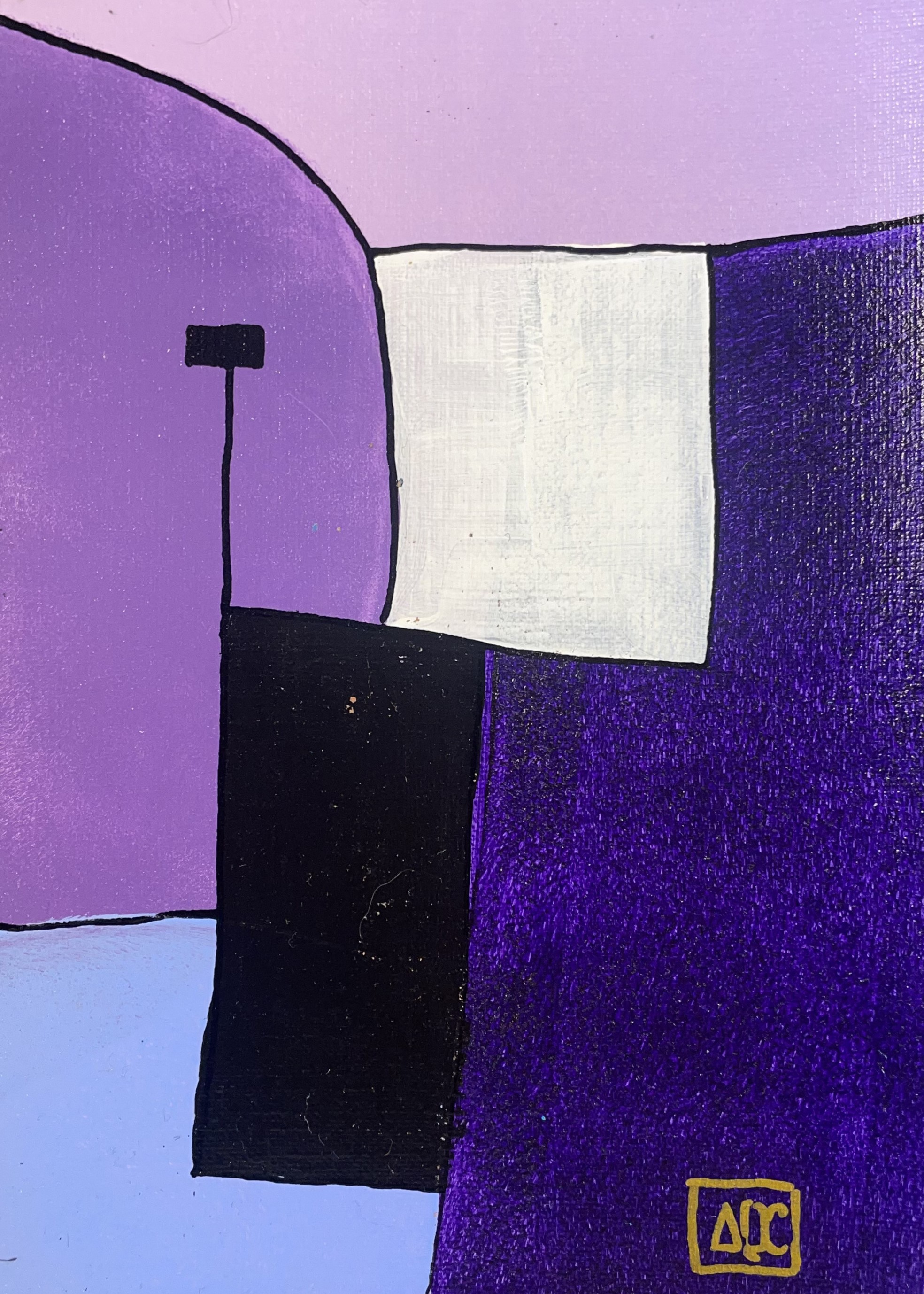 Peinture acrylique : formes géométriques violettes avec rectangle blanc et éléments noirs dans une composition abstraite