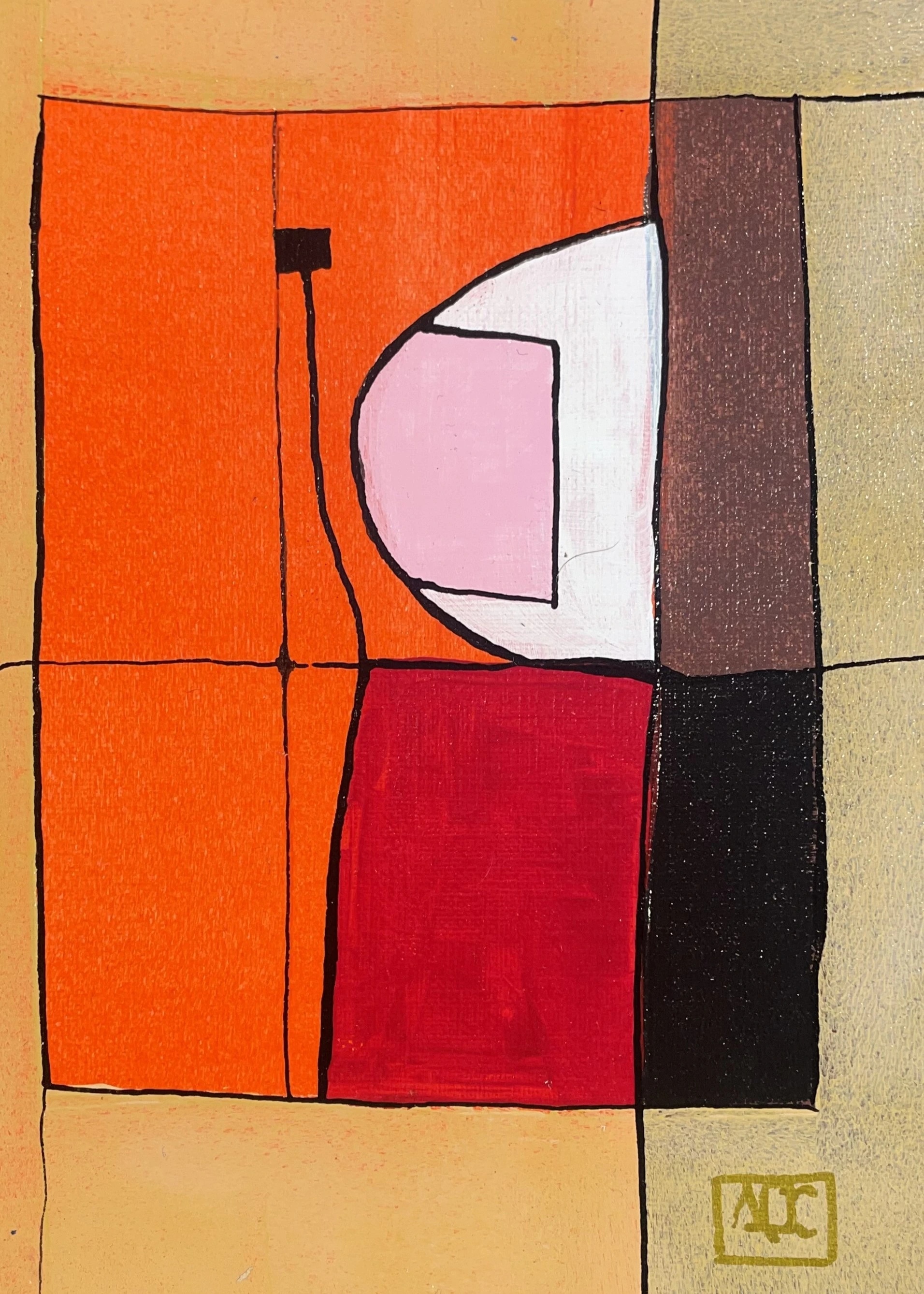 Fa Majeur - Variations 12 par Arnaud Quercy chez Art Quam Anima — peinture acrylique sur papier, Peinture acrylique : formes géométriques orange et rouge-orange avec demi-cercle rose dans composition structurée