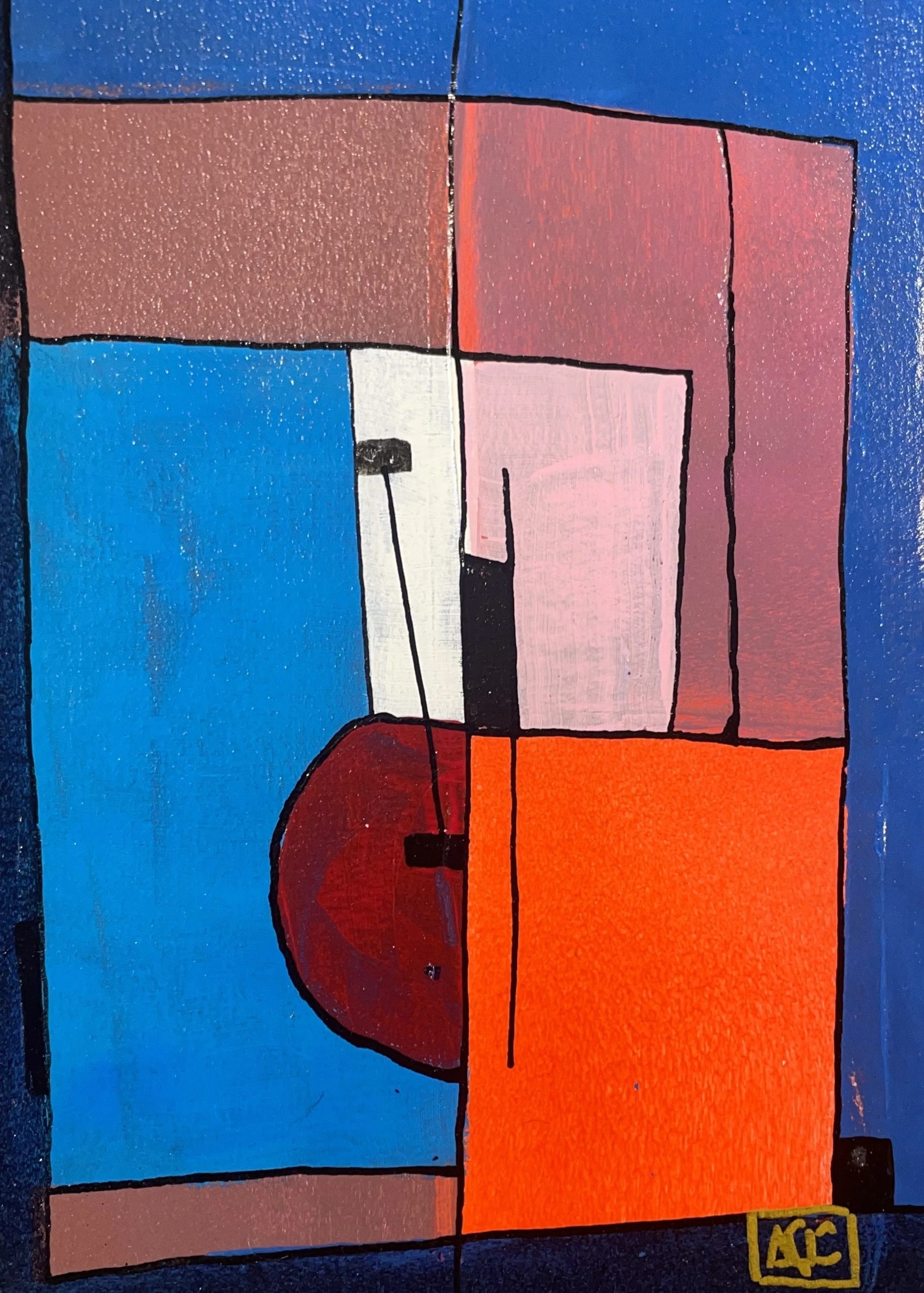 Fa Mineur - Variations 22 par Arnaud Quercy chez Art Quam Anima — peinture acrylique sur papier, Peinture acrylique avec zones bleu-violet à gauche, sections orange et rouge partout, créant des relations colorées harmoniques