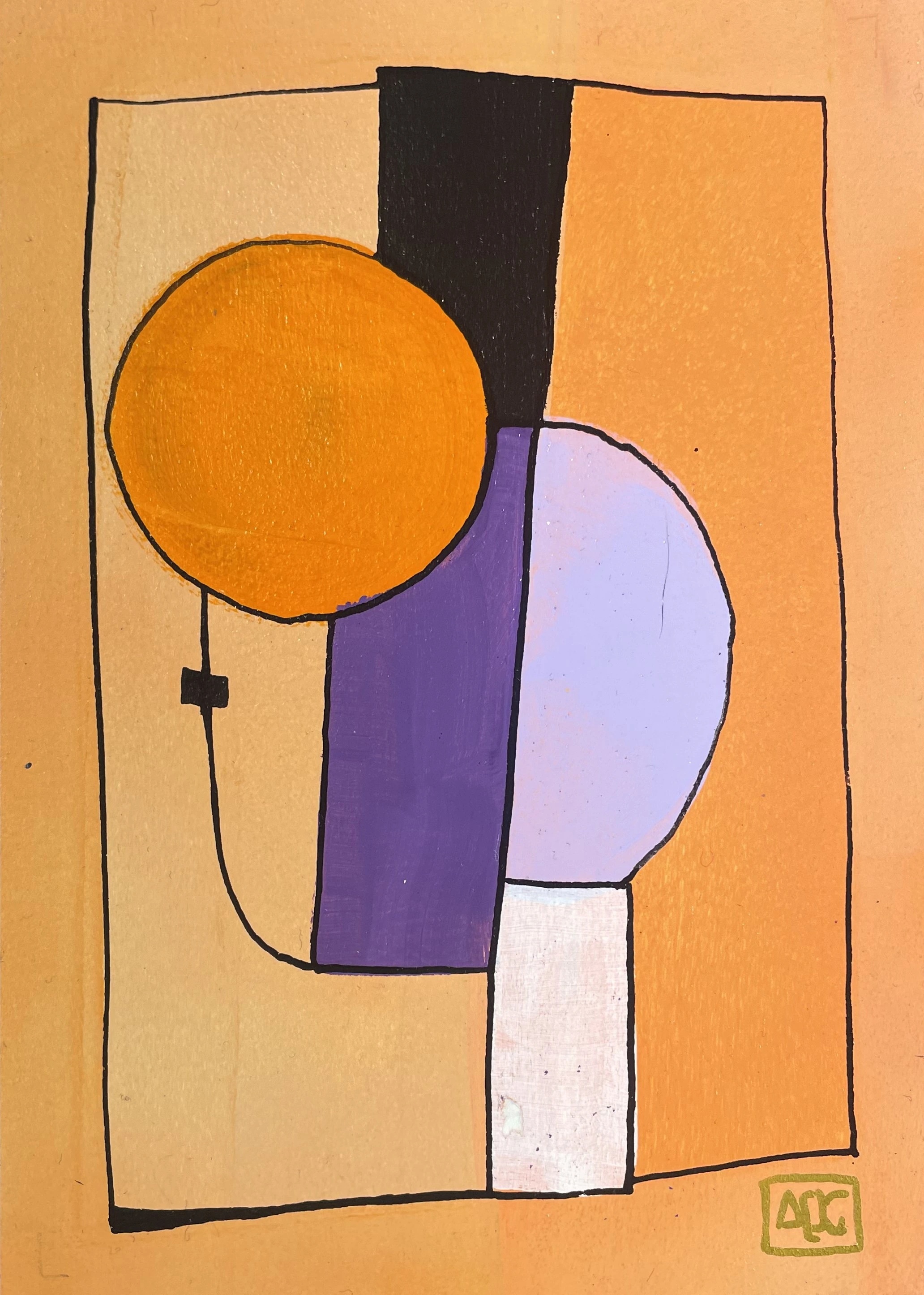 Sol Mineur - Variations 13 par Arnaud Quercy chez Art Quam Anima — peinture acrylique sur papier, Peinture acrylique : cercle orange audacieux et arc violet avec formes géométriques sur fond ambre chaud