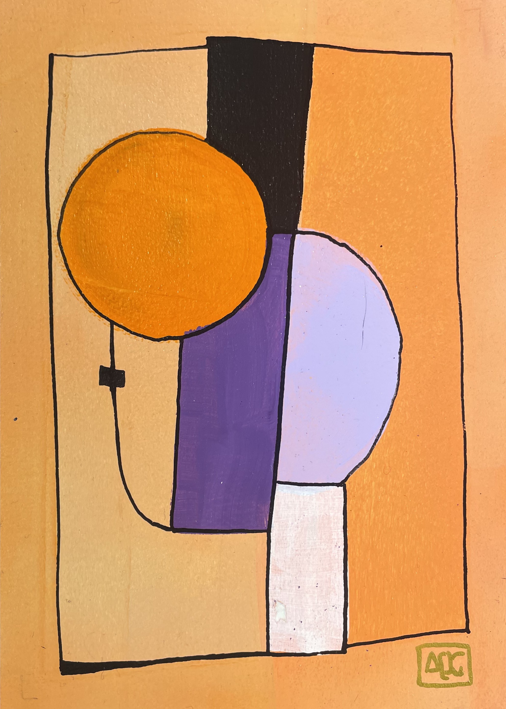 Peinture acrylique : cercle orange audacieux et arc violet avec formes géométriques sur fond ambre chaud