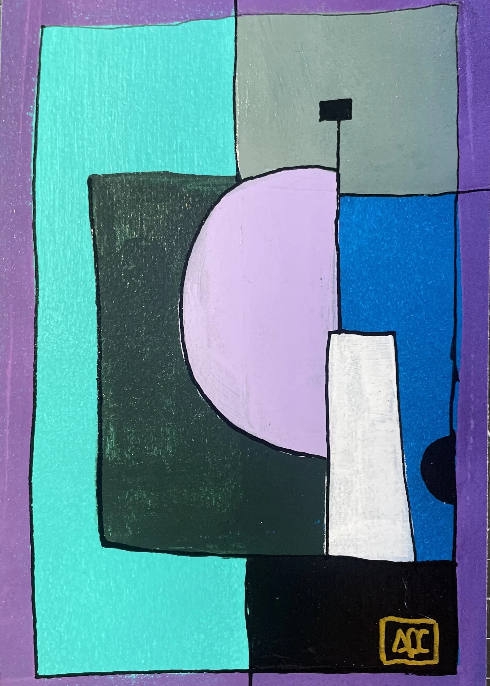 Sol bémol Majeur - Variations 8 par Arnaud Quercy chez Art Quam Anima — peinture acrylique sur papier, Peinture acrylique géométrique : sections turquoise, violette et verte avec cercle rose, traduisant l'accord de Sol bémol Majeur en couleur