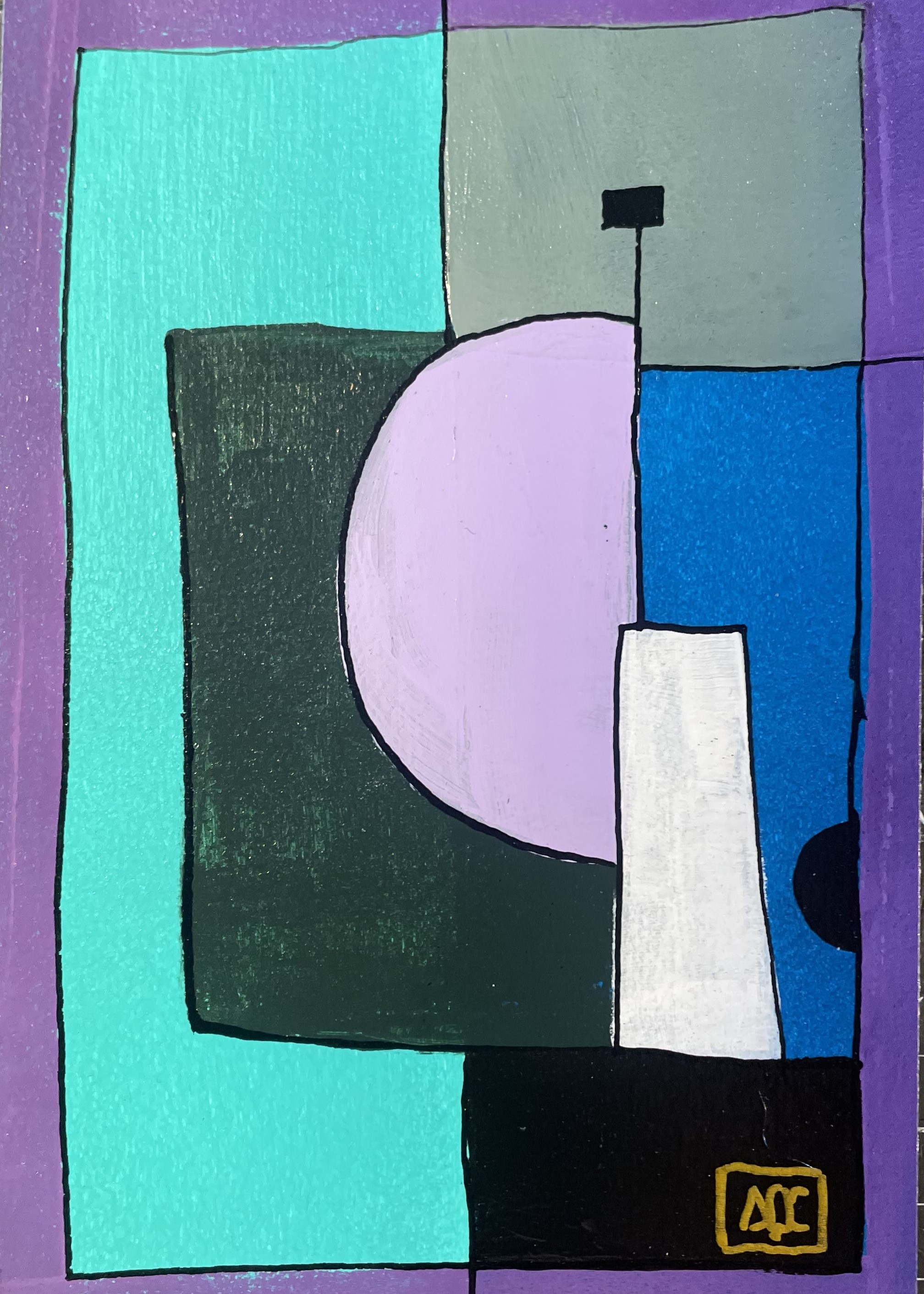 Peinture acrylique géométrique : sections turquoise, violette et verte avec cercle rose, traduisant l'accord de Sol bémol Majeur en couleur