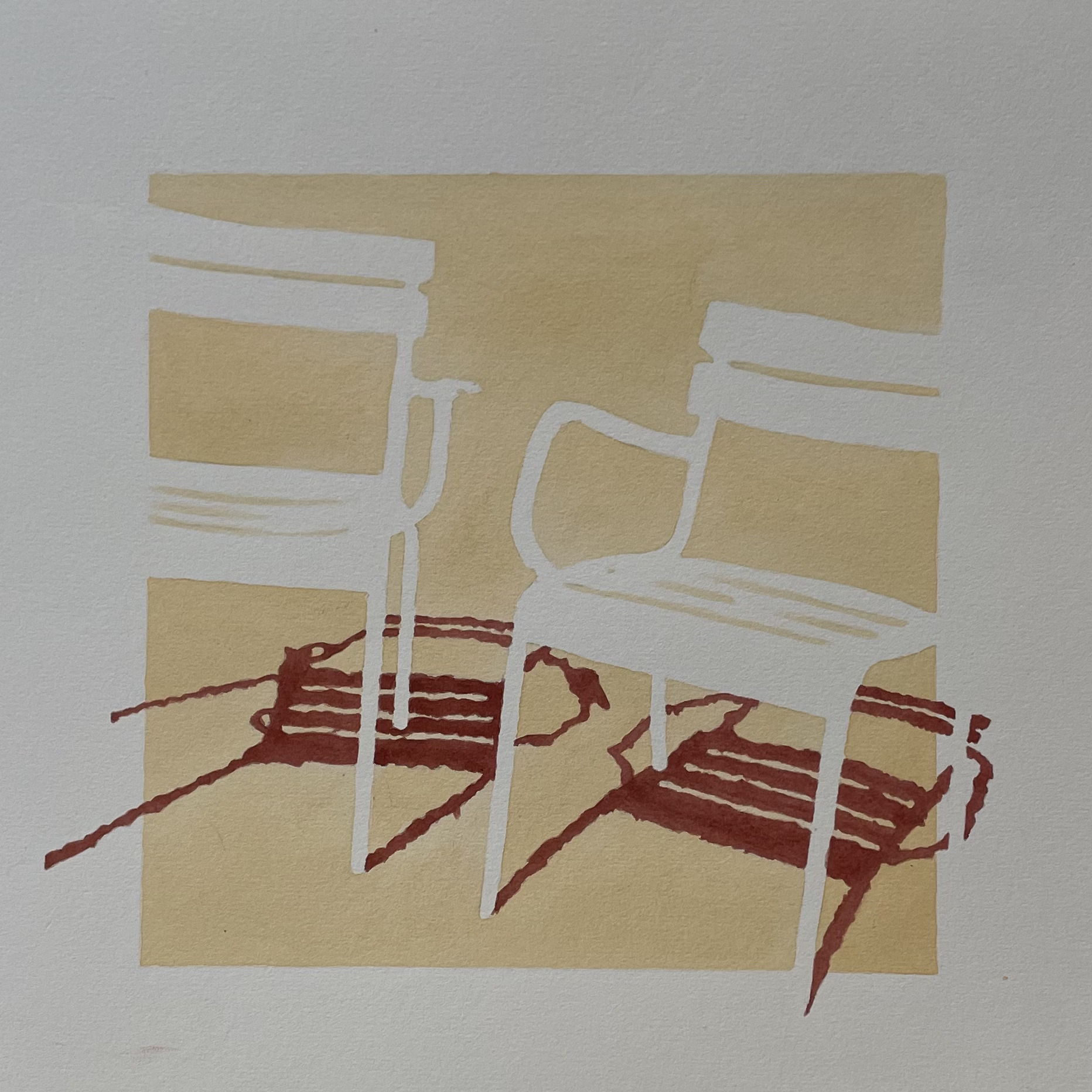 Watercolor on paper: two white reserve chairs on bounded ochre field, terracotta shadows falling compact and direct beneath them.