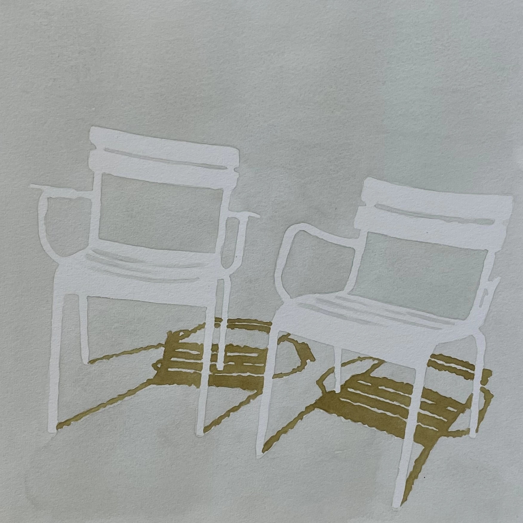 10h54 - Where are you ? by Caroline Lopez at Art Quam Anima — Watercolor Painting on Paper, Watercolor on paper: two large white reserve armchairs on cool grey ground, golden-ochre shadows spreading compact beneath each chair.