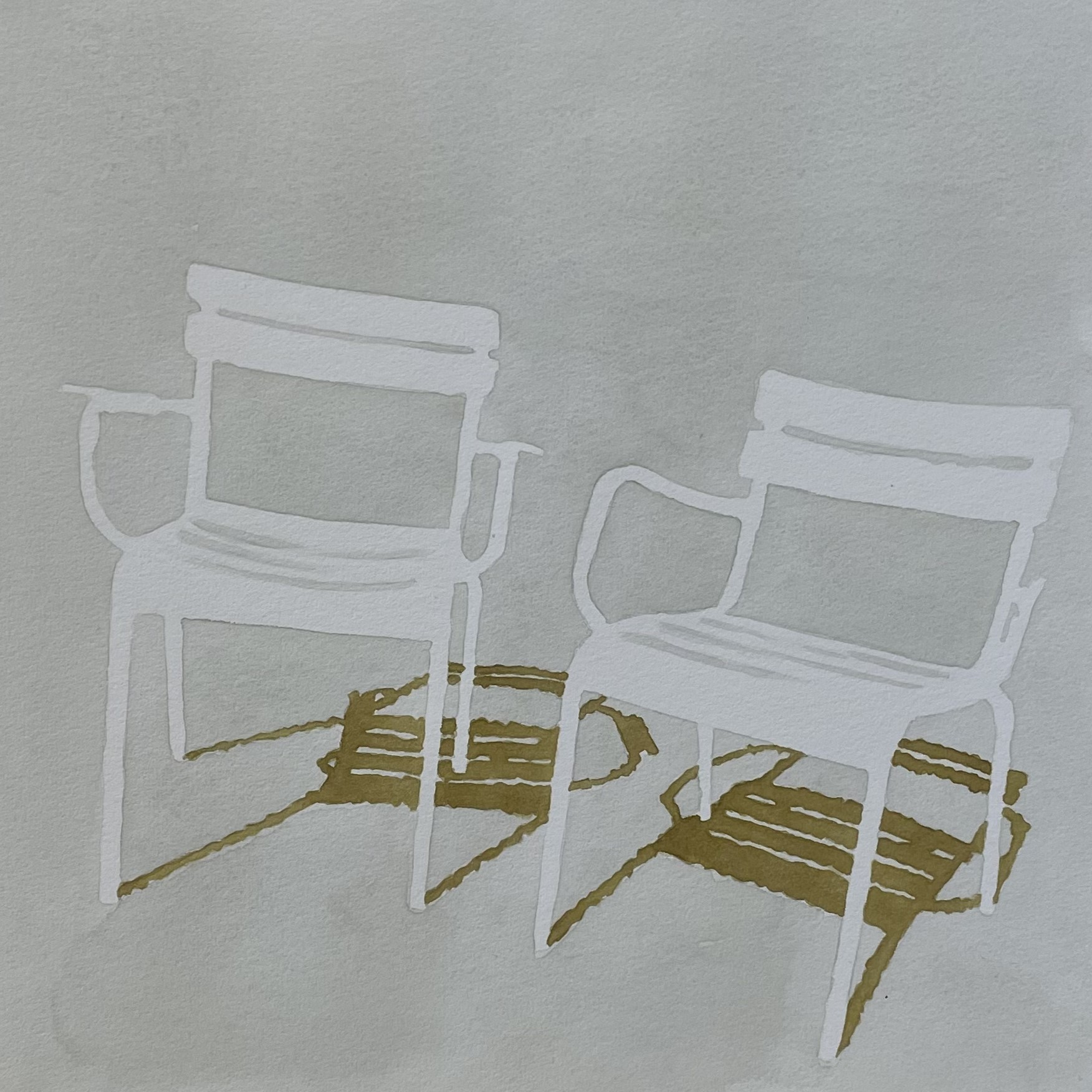 Watercolor on paper: two large white reserve armchairs on cool grey ground, golden-ochre shadows spreading compact beneath each chair.