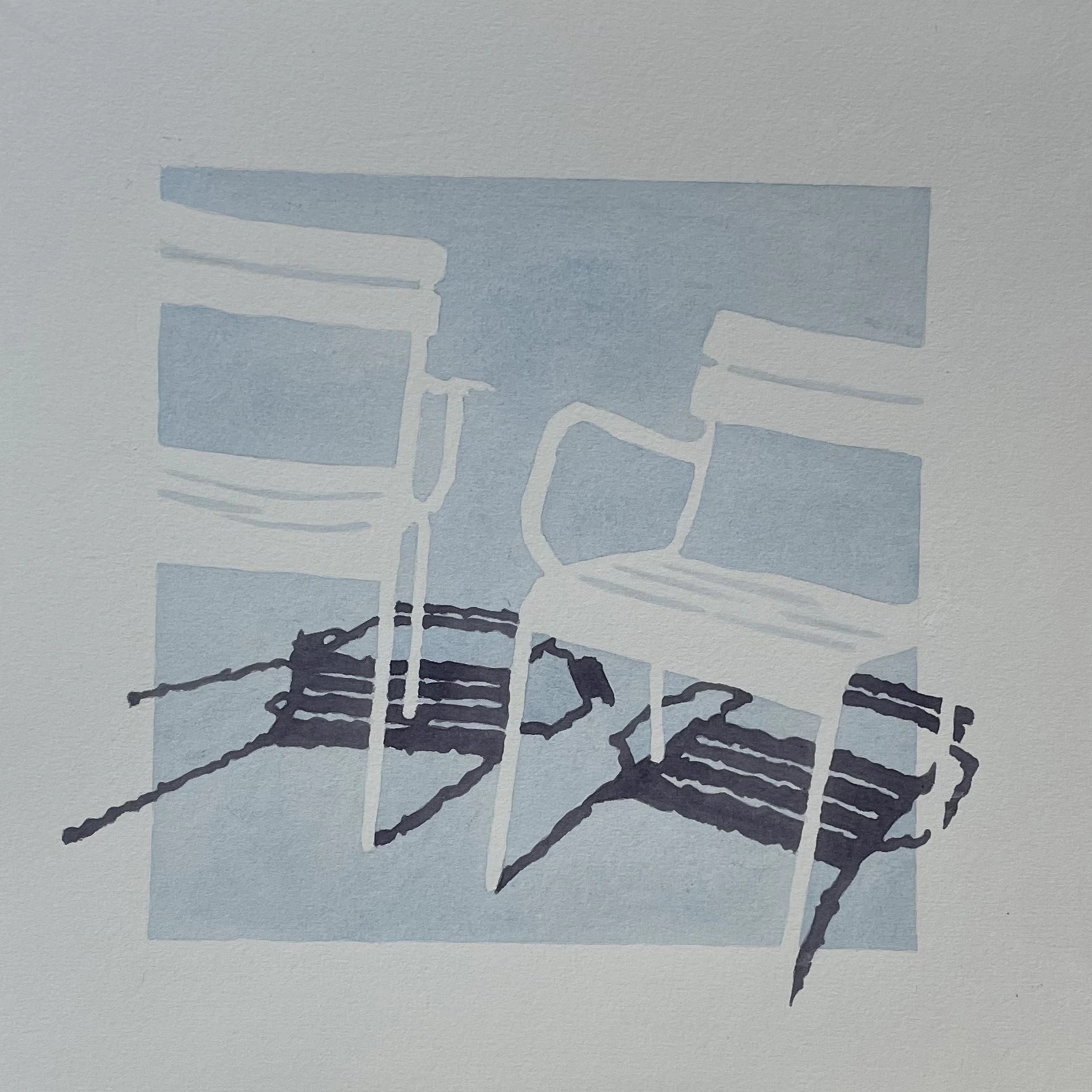 10h55 - Where are you ? by Caroline Lopez at Art Quam Anima — Watercolor Painting on Paper, Watercolor on paper: two white reserve chairs on bounded steel-blue field, near-black indigo shadows spilling across lower half and beyond the rectangle's edge.