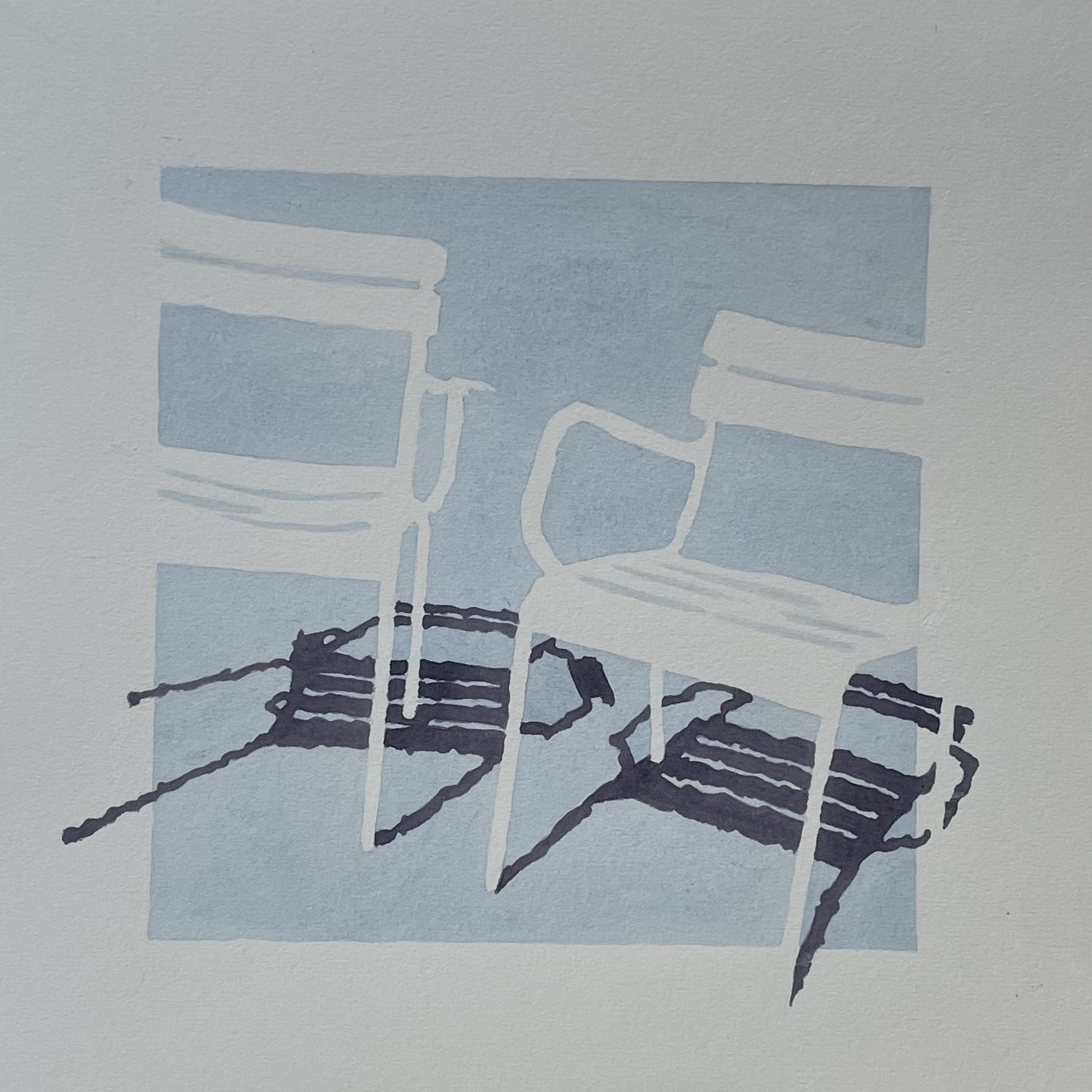 Watercolor on paper: two white reserve chairs on bounded steel-blue field, near-black indigo shadows spilling across lower half and beyond the rectangle's edge.