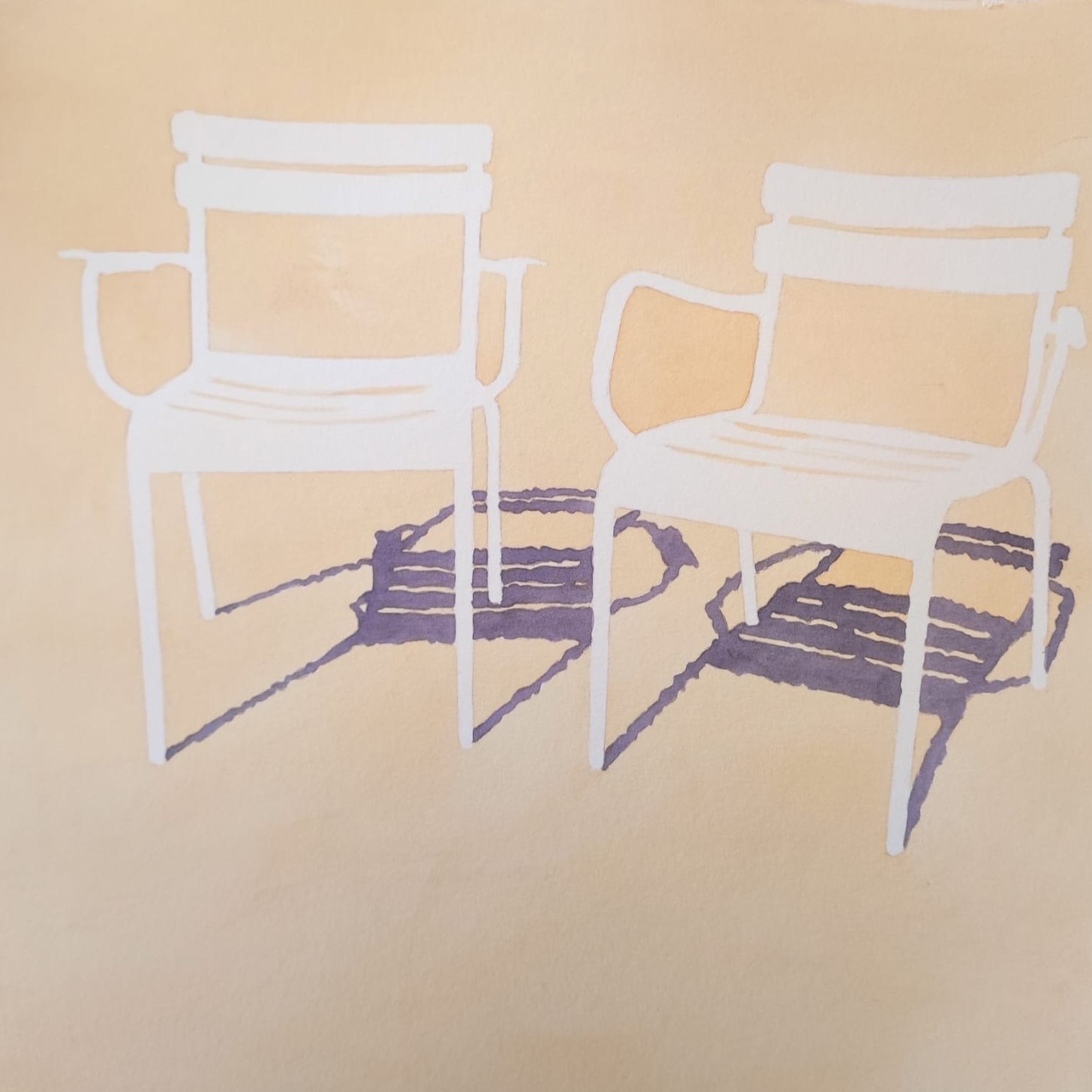 Watercolor on paper: two large white reserve armchairs on warm continuous peach-ochre ground, periwinkle-lavender shadows resting compact beneath and between them.