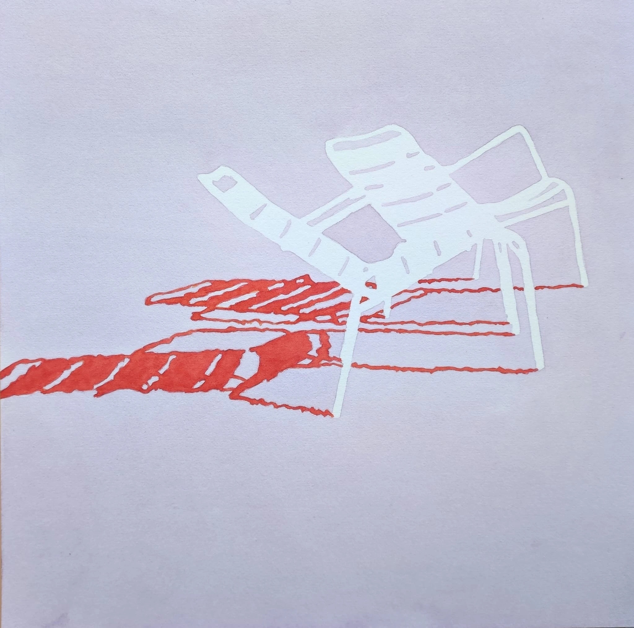 9h16 —Where are you ? by Caroline Lopez at Art Quam Anima — Watercolor Painting on Paper, Watercolor of two empty Luxembourg chairs as white reserves, red-orange hatched shadow below, pale grey-violet ground, 30×30 cm
