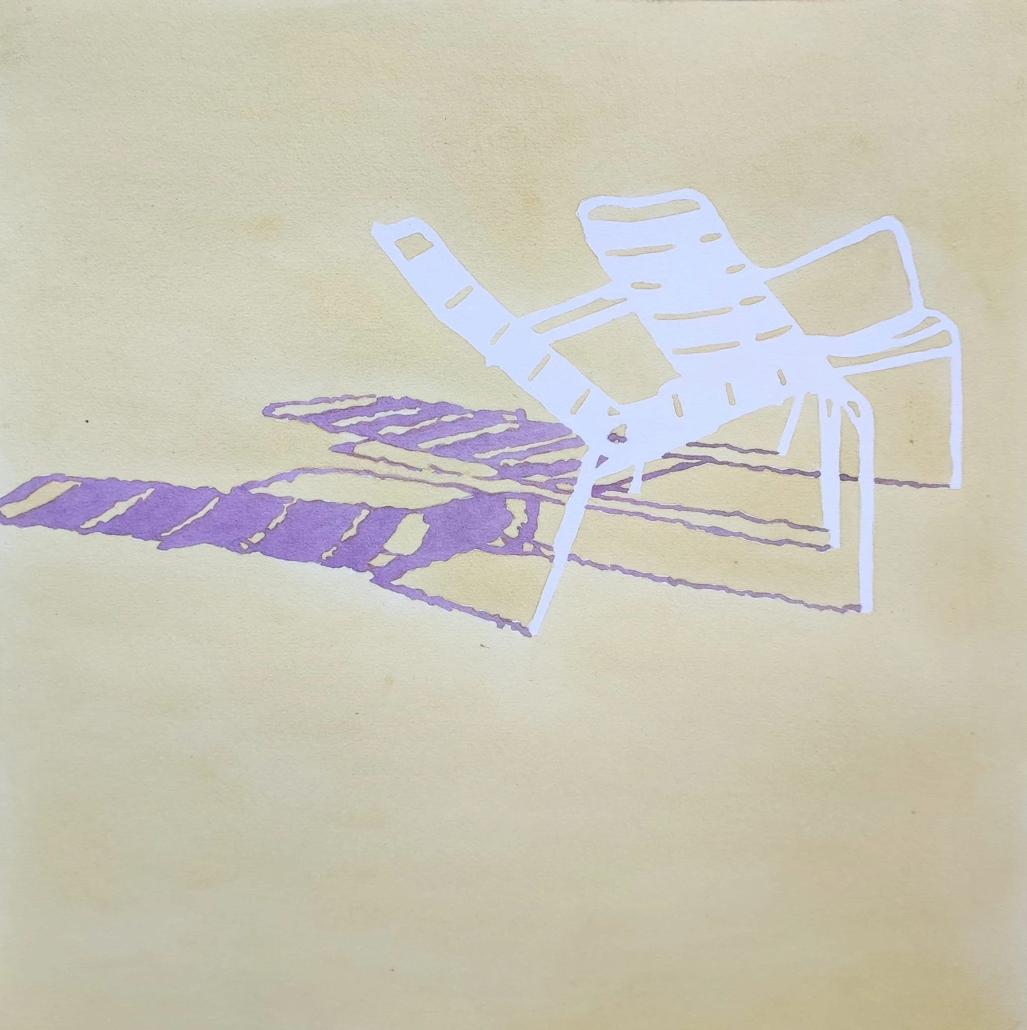 9h17 - Where are you ? by Caroline Lopez at Art Quam Anima — Watercolor Painting on Paper, Watercolor on paper: two white reserve chairs on warm ochre ground, violet shadow stretching left across lower composition.