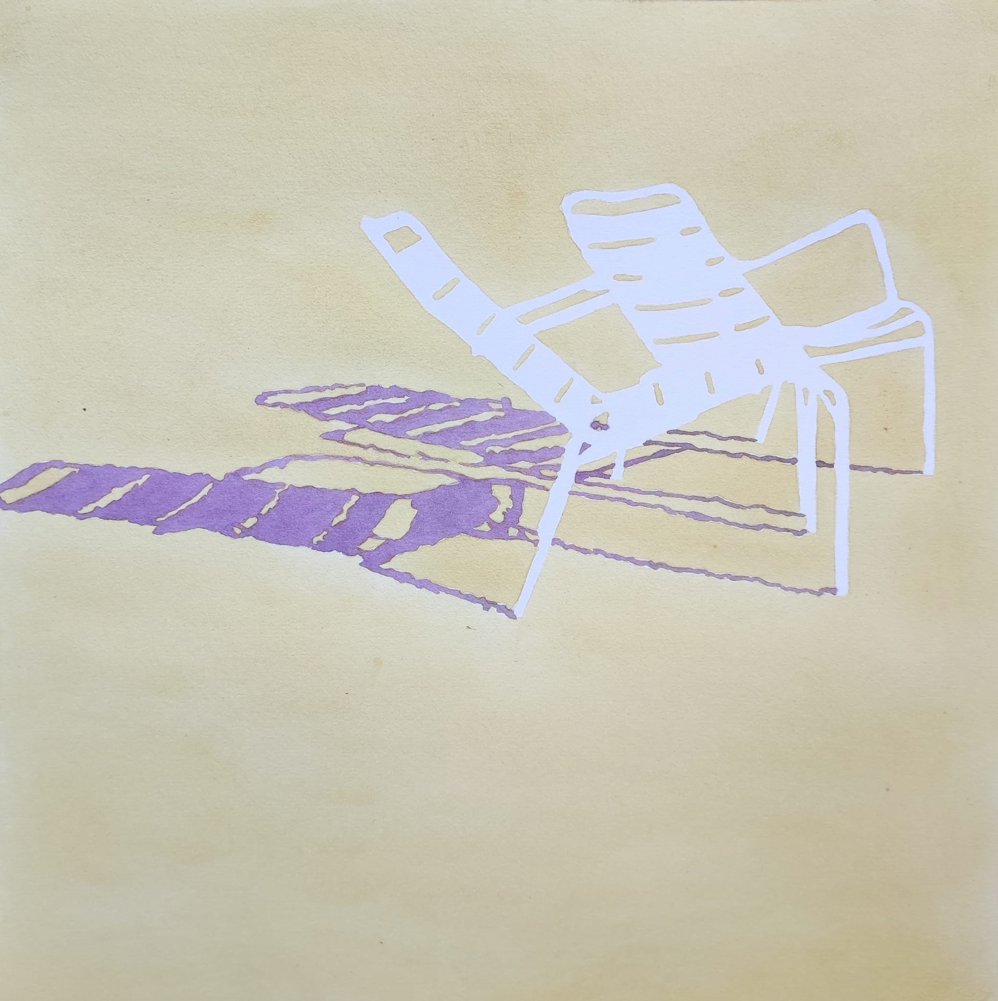 Watercolor on paper: two white reserve chairs on warm ochre ground, violet shadow stretching left across lower composition.