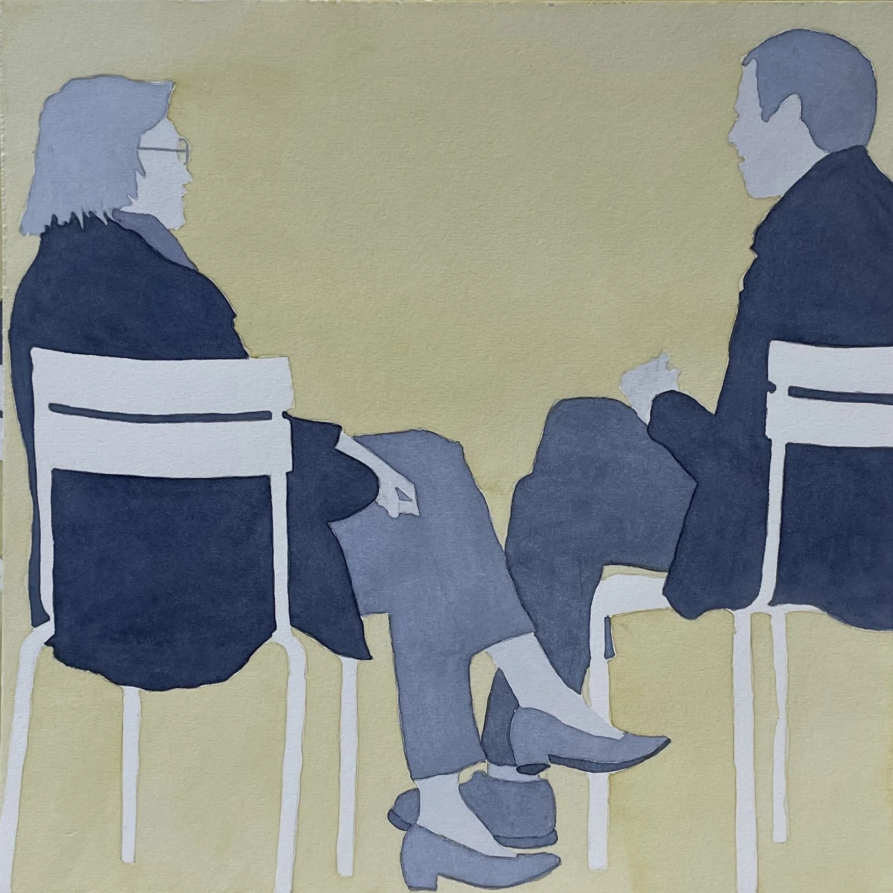 Echanger au luxembourg by Caroline Lopez at Art Quam Anima — Watercolor Painting on Paper, Watercolor on paper: two figures in deep navy and slate blue seated in white reserve Luxembourg chairs on yellow-green ochre ground, seen in profile, legs interlocking at centre.