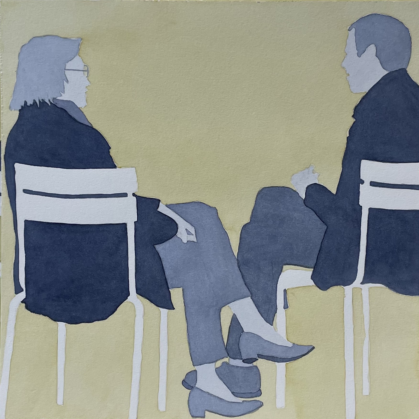 Watercolor on paper: two figures in deep navy and slate blue seated in white reserve Luxembourg chairs on yellow-green ochre ground, seen in profile, legs interlocking at centre.