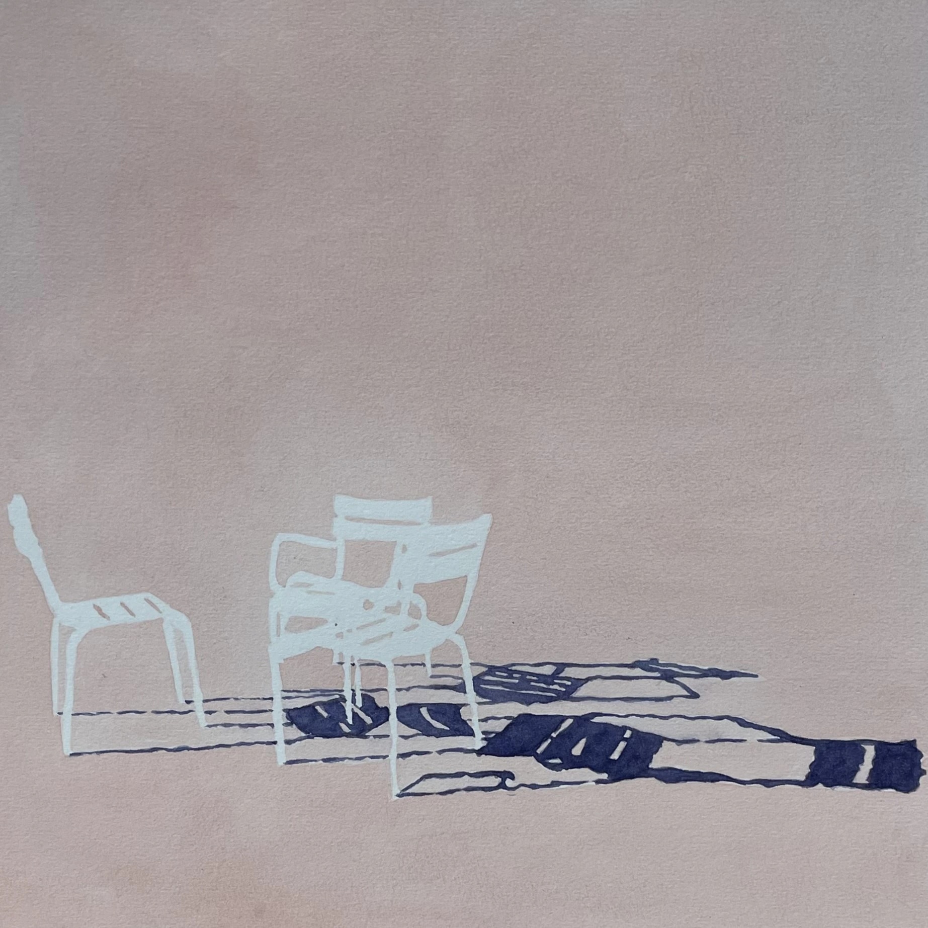 Luco 107° by Caroline Lopez at Art Quam Anima — Watercolor Painting on Paper, Watercolor on paper: three small pale blue-white reserve chairs low in the frame on a vast rose-mauve ground, deep navy-indigo shadow stretching dramatically to the right across the lower third of the composition.