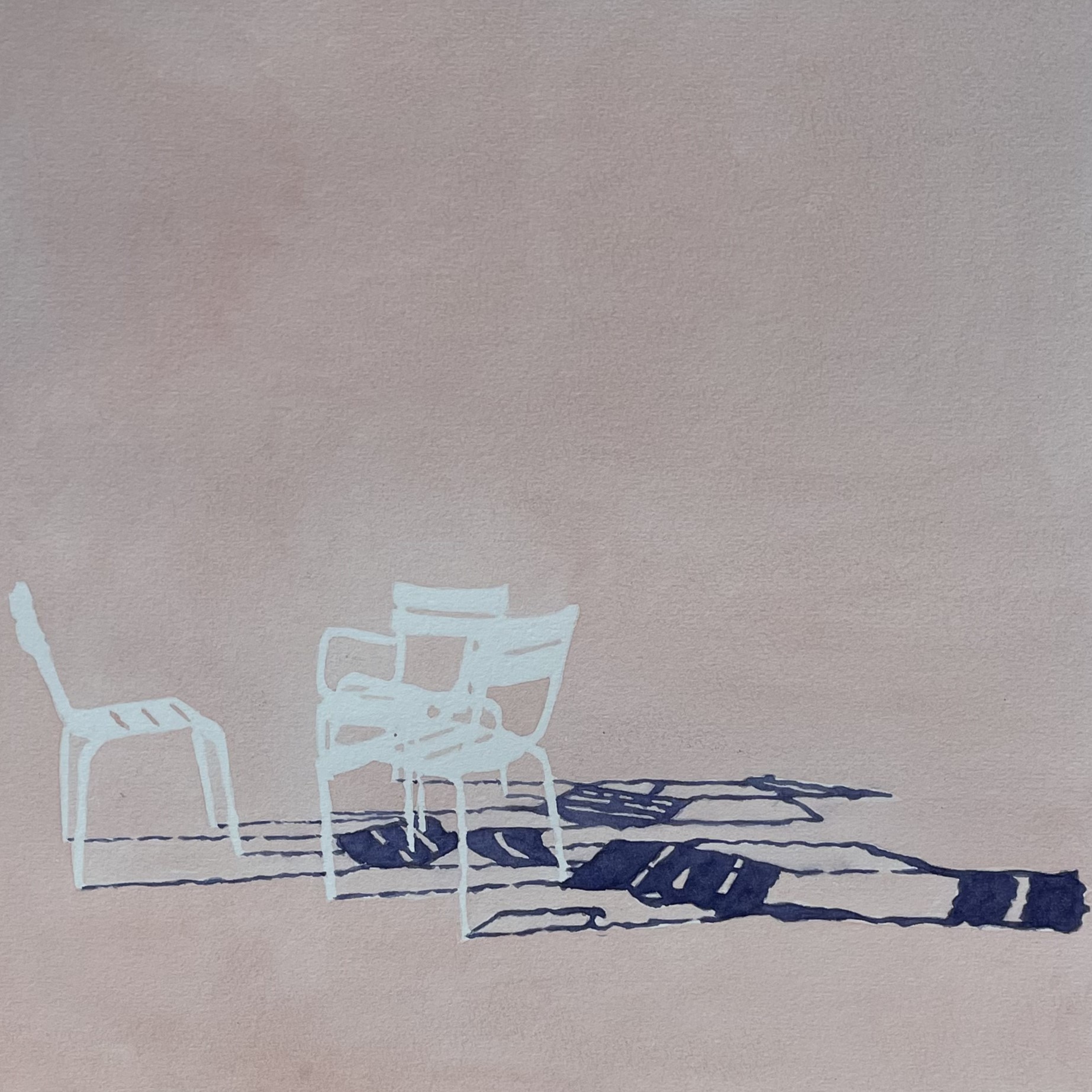 Watercolor on paper: three small pale blue-white reserve chairs low in the frame on a vast rose-mauve ground, deep navy-indigo shadow stretching dramatically to the right across the lower third of the composition.