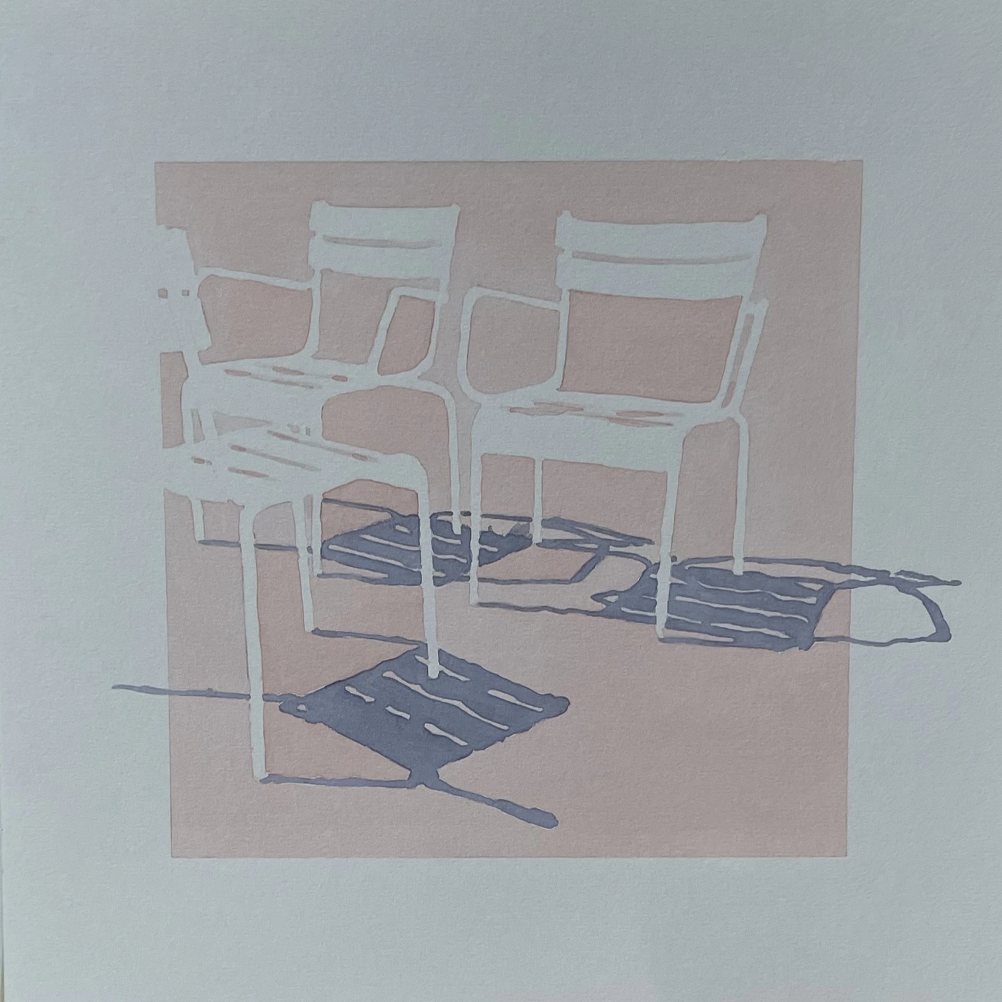 Luco 132° - variation 1 by Caroline Lopez at Art Quam Anima — Watercolor Painting on Paper, Watercolor on paper: three white reserve chairs on a bounded rose-blush rectangle within cool blue-grey paper, blue-violet slate shadows pooling organically beneath them and breaking out of the rose ground into the grey surround.