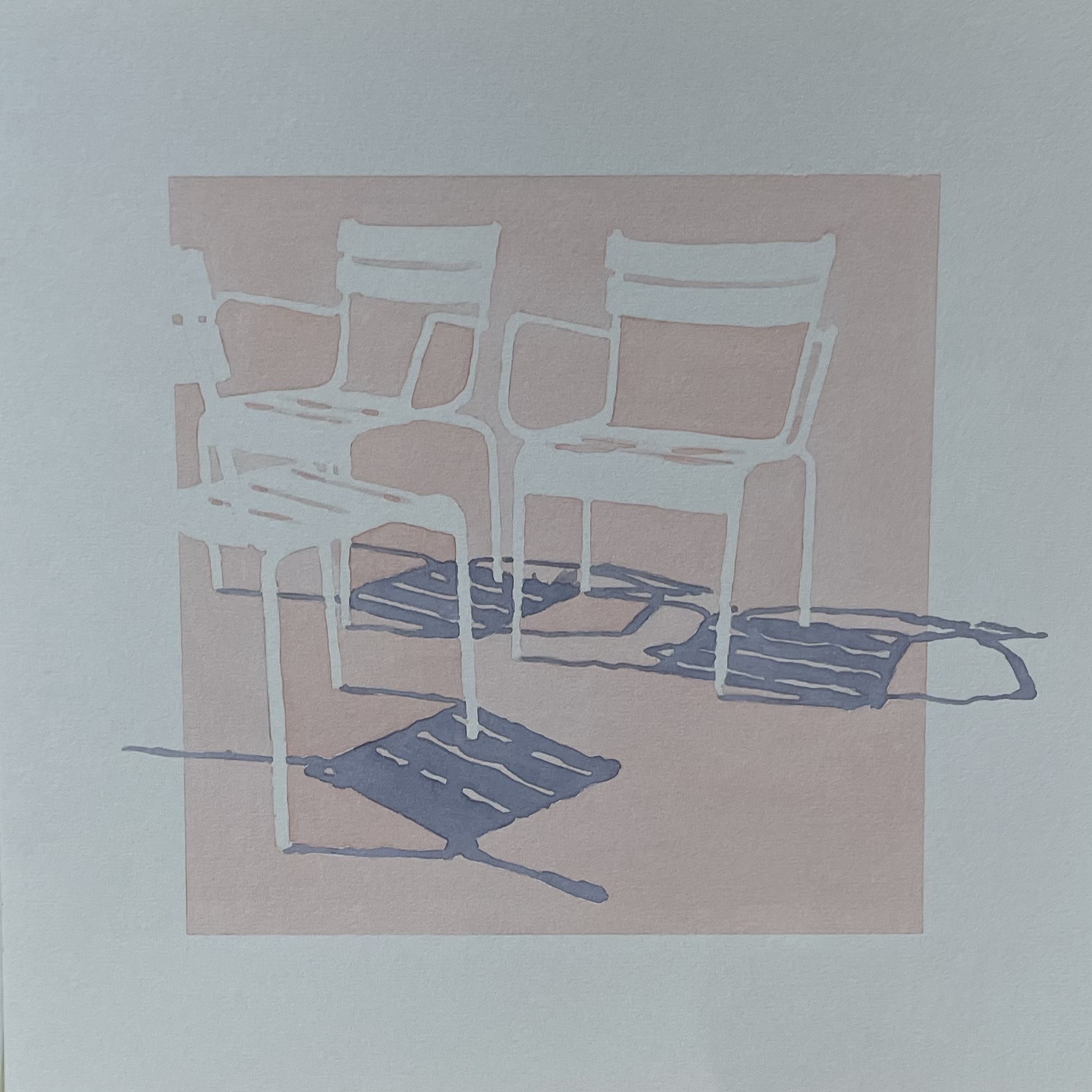 Watercolor on paper: three white reserve chairs on a bounded rose-blush rectangle within cool blue-grey paper, blue-violet slate shadows pooling organically beneath them and breaking out of the rose ground into the grey surround.