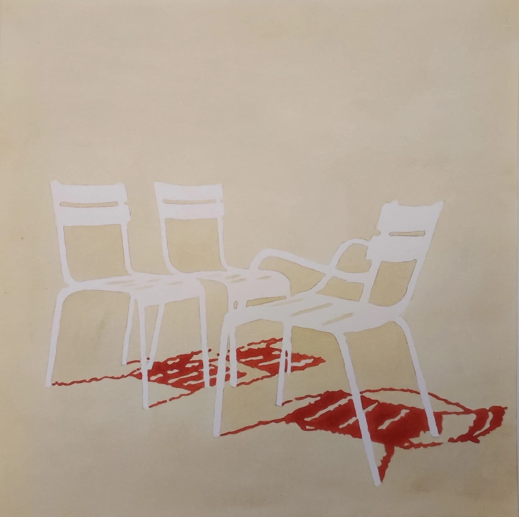 Luco 132° by Caroline Lopez at Art Quam Anima — Watercolor Painting on Paper, Watercolor on paper: three large white reserve chairs on pale ochre-cream ground — two side chairs facing forward, one armchair turned at angle — deep crimson-red shadow pooling organically beneath and between them.