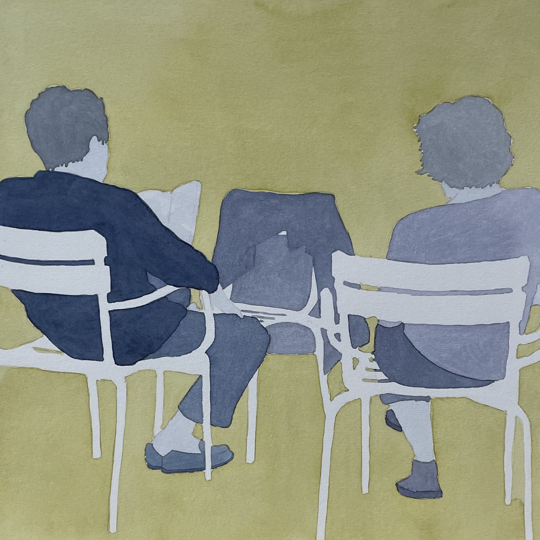 Watercolor on paper: two figures seen from behind in deep navy and grey-lavender, seated on white reserve Luxembourg chairs, reading, on deep olive-yellow-green ground, third chair between them.