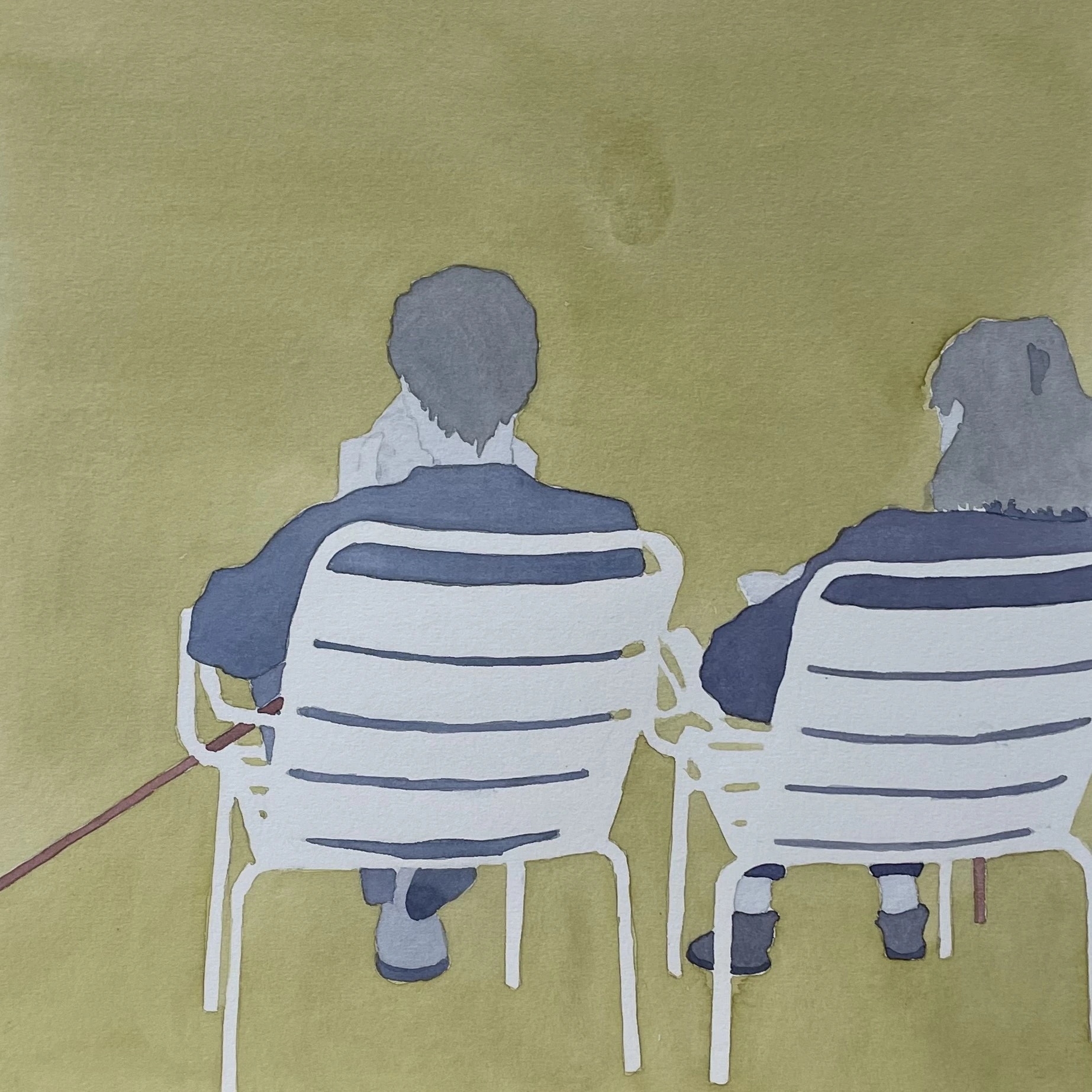 To Rest at the Luxembourg by Caroline Lopez at Art Quam Anima — Watercolor Painting on Paper, Watercolor on paper: two elderly figures seen from behind in slate-blue coats on wide white reserve Luxembourg chairs, canes at their sides, olive-green ground, backs filling the lower frame.