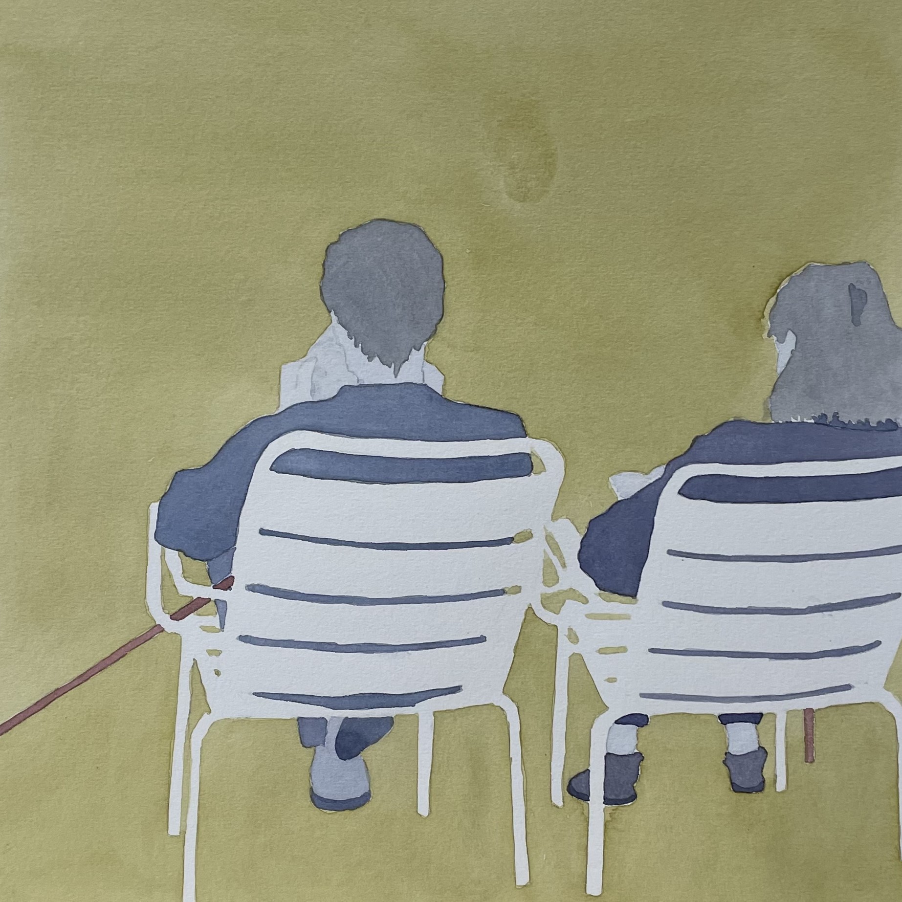 Watercolor on paper: two elderly figures seen from behind in slate-blue coats on wide white reserve Luxembourg chairs, canes at their sides, olive-green ground, backs filling the lower frame.