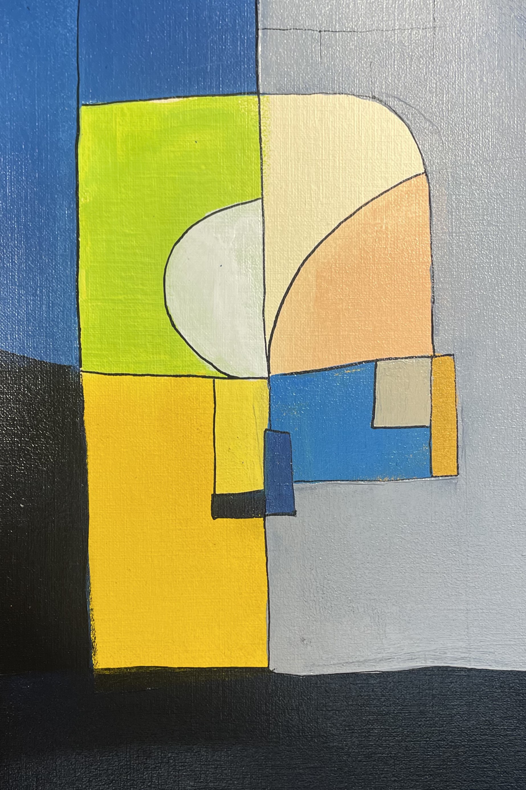 Acrylic painting with geometric forms in gray, yellow-orange, and blue-violet arranged as musical chord translation