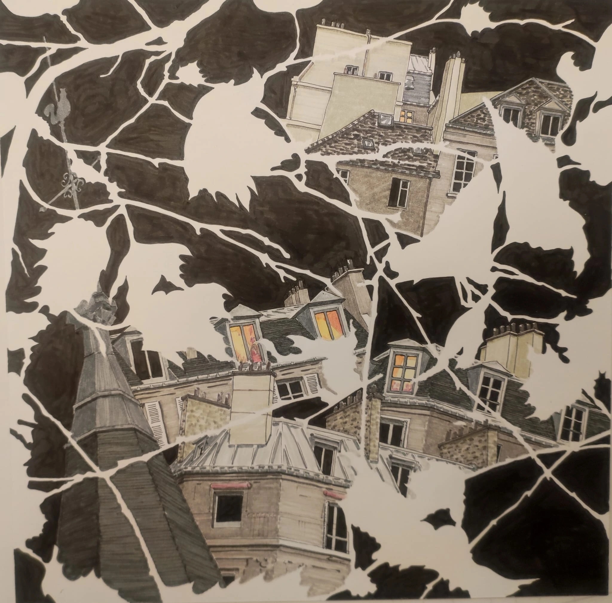 A travers les platanes, Place st germain des pres - 2019 by Caroline Lopez at Art Quam Anima — Ink Painting on Paper, Ink drawing on paper: Parisian rooftops seen through dense plane tree foliage in bold black ink on white paper