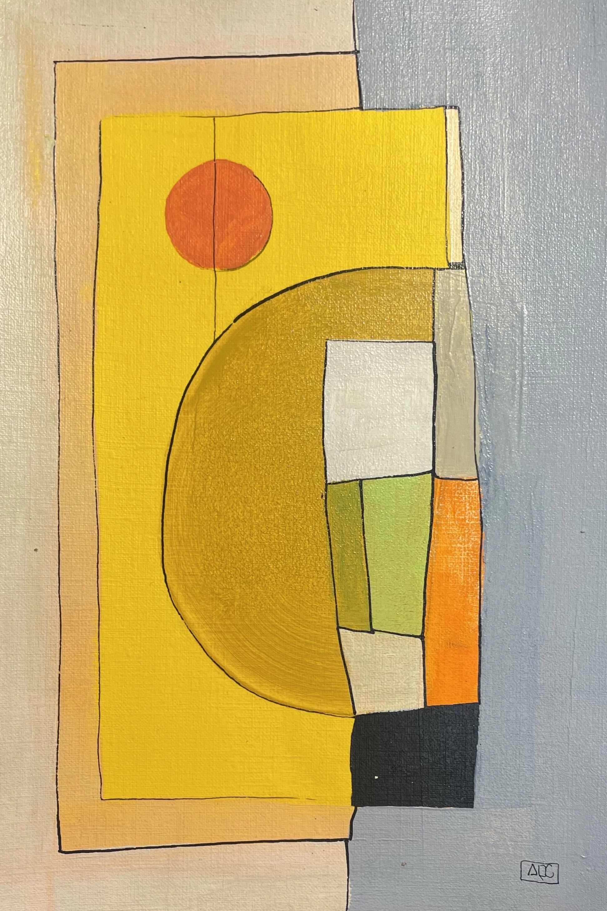 A5 (Power Chord) by Arnaud Quercy at Art Quam Anima — Acrylic Painting on Paper, Acrylic painting with yellow-orange geometric forms and gray areas, small yellow-green accents creating harmonic color relationships
