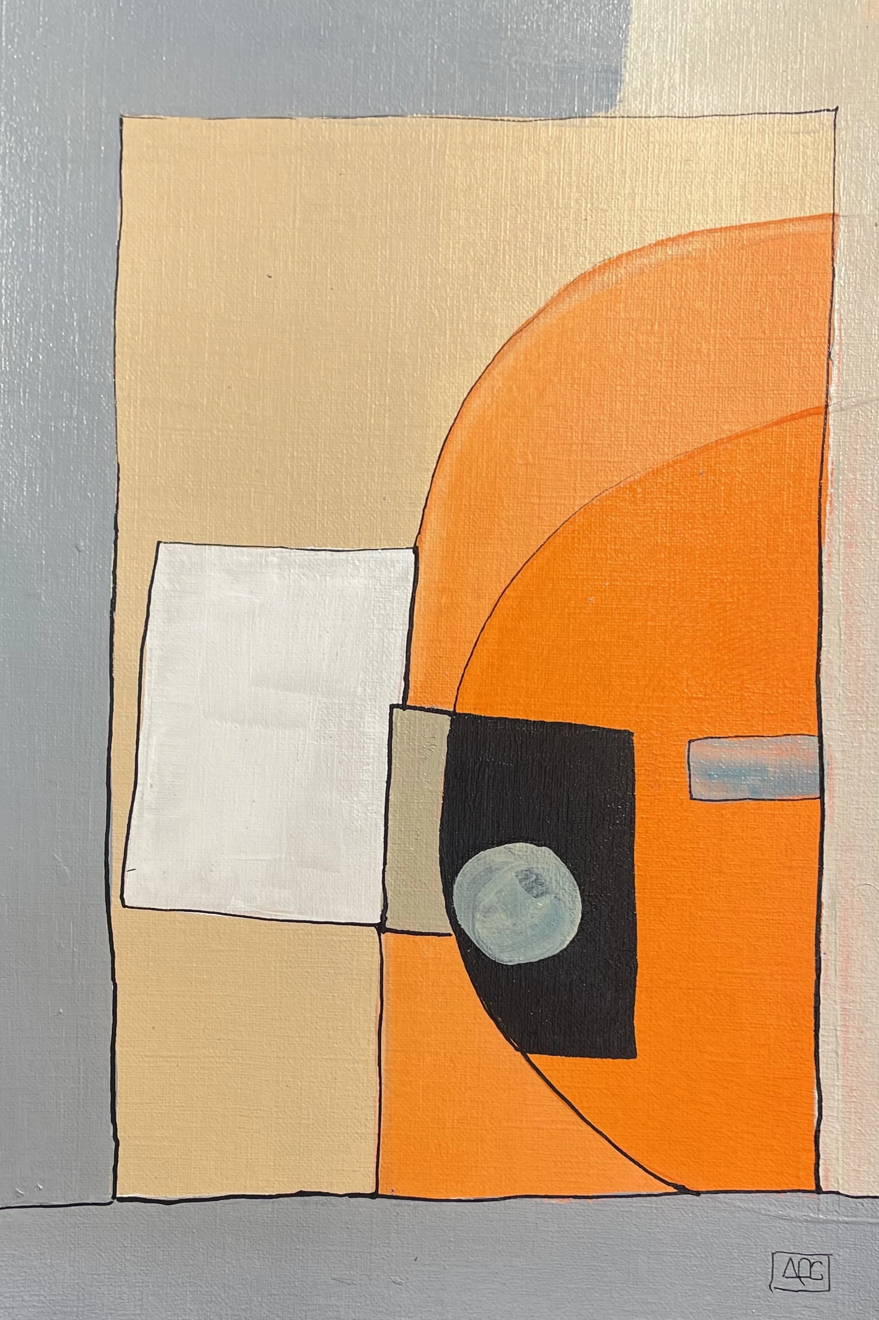 A7Sus by Arnaud Quercy at Art Quam Anima — Acrylic Painting on Paper, Acrylic painting: geometric forms in yellow-orange, orange, and steel gray with red-orange accent on paper
