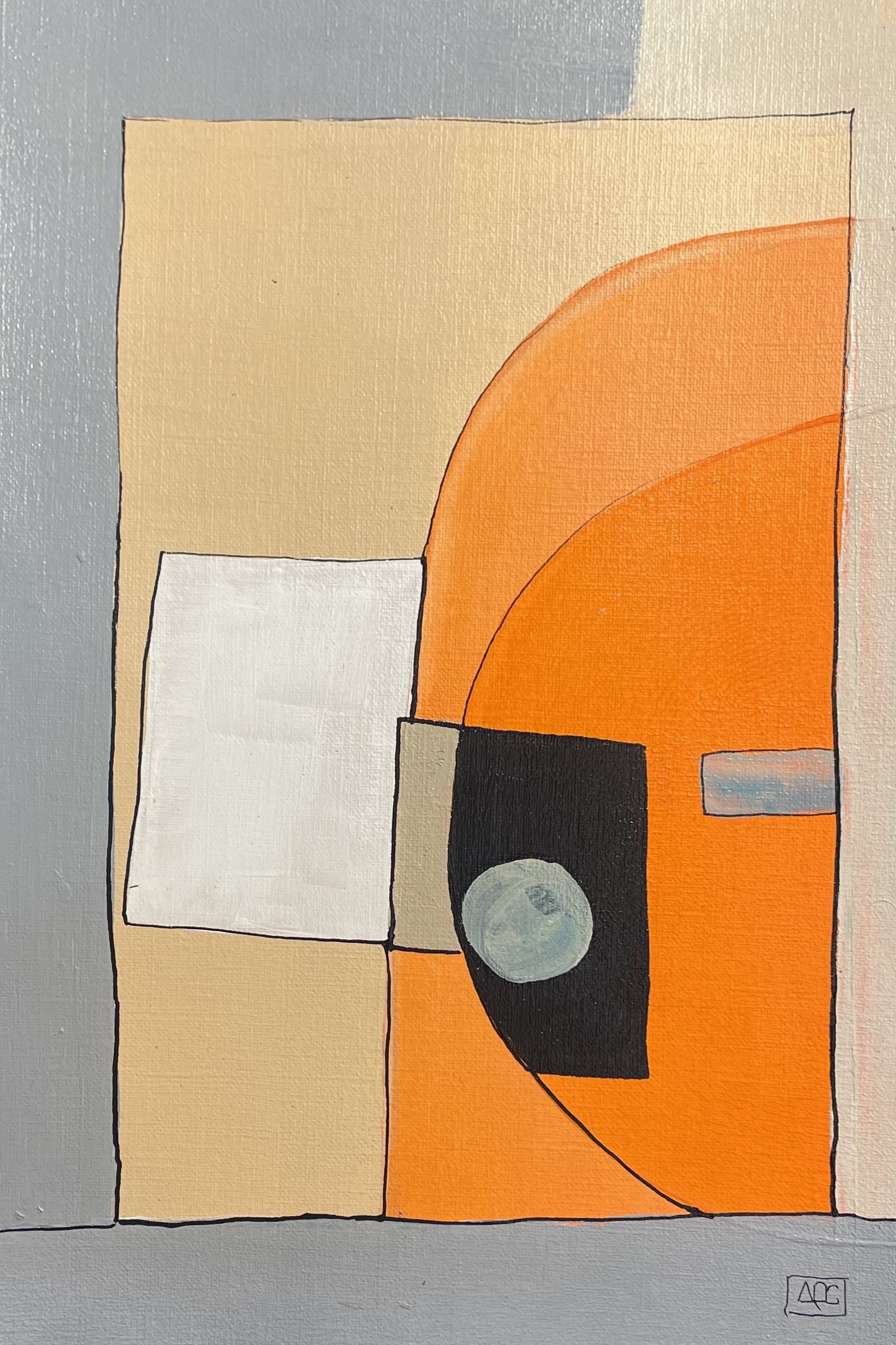 Acrylic painting: geometric forms in yellow-orange, orange, and steel gray with red-orange accent on paper