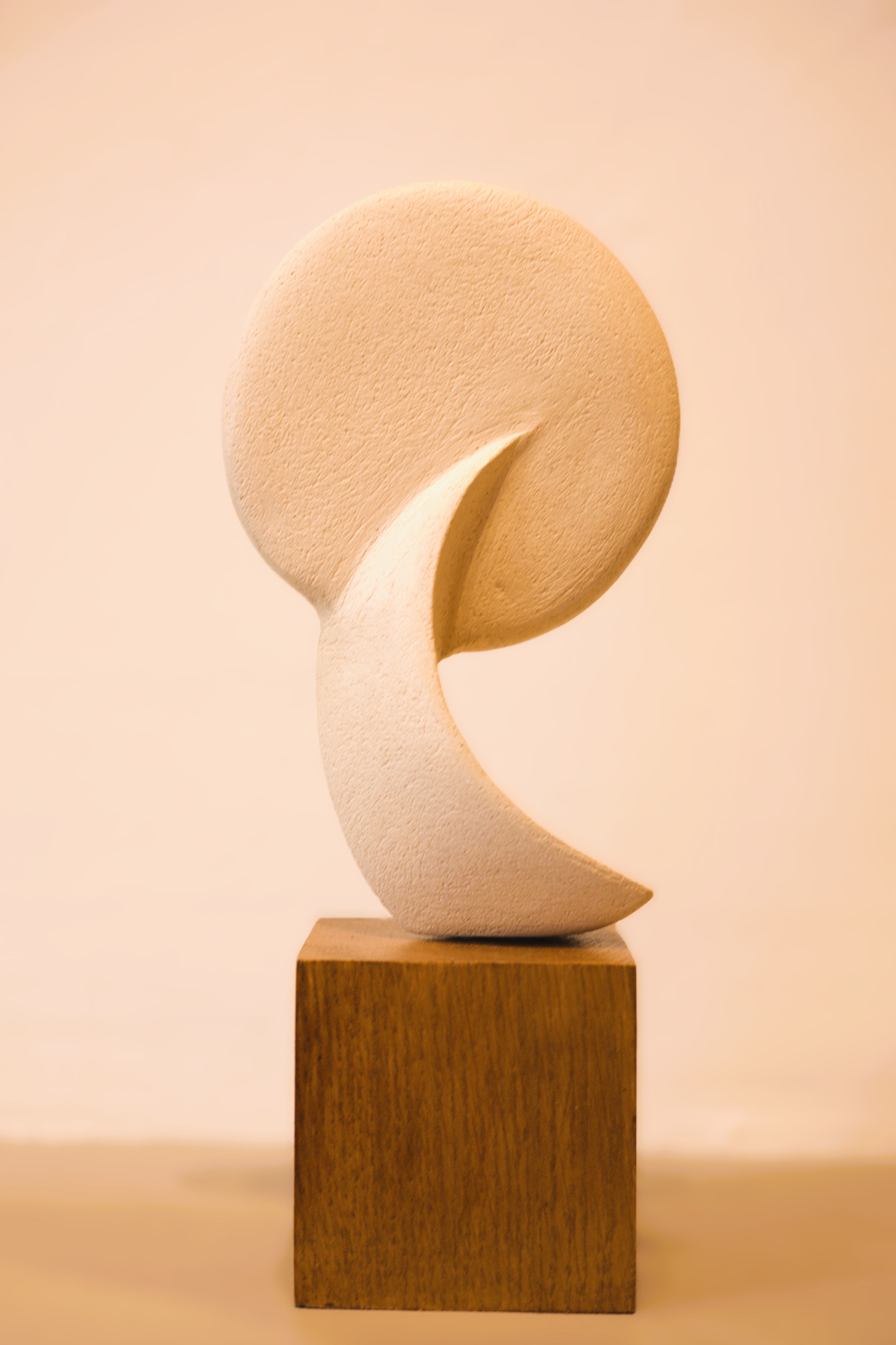 Abstract ceramic sculpture with spiral seam splitting the form lengthwise, warm white matte surface on wood block base.