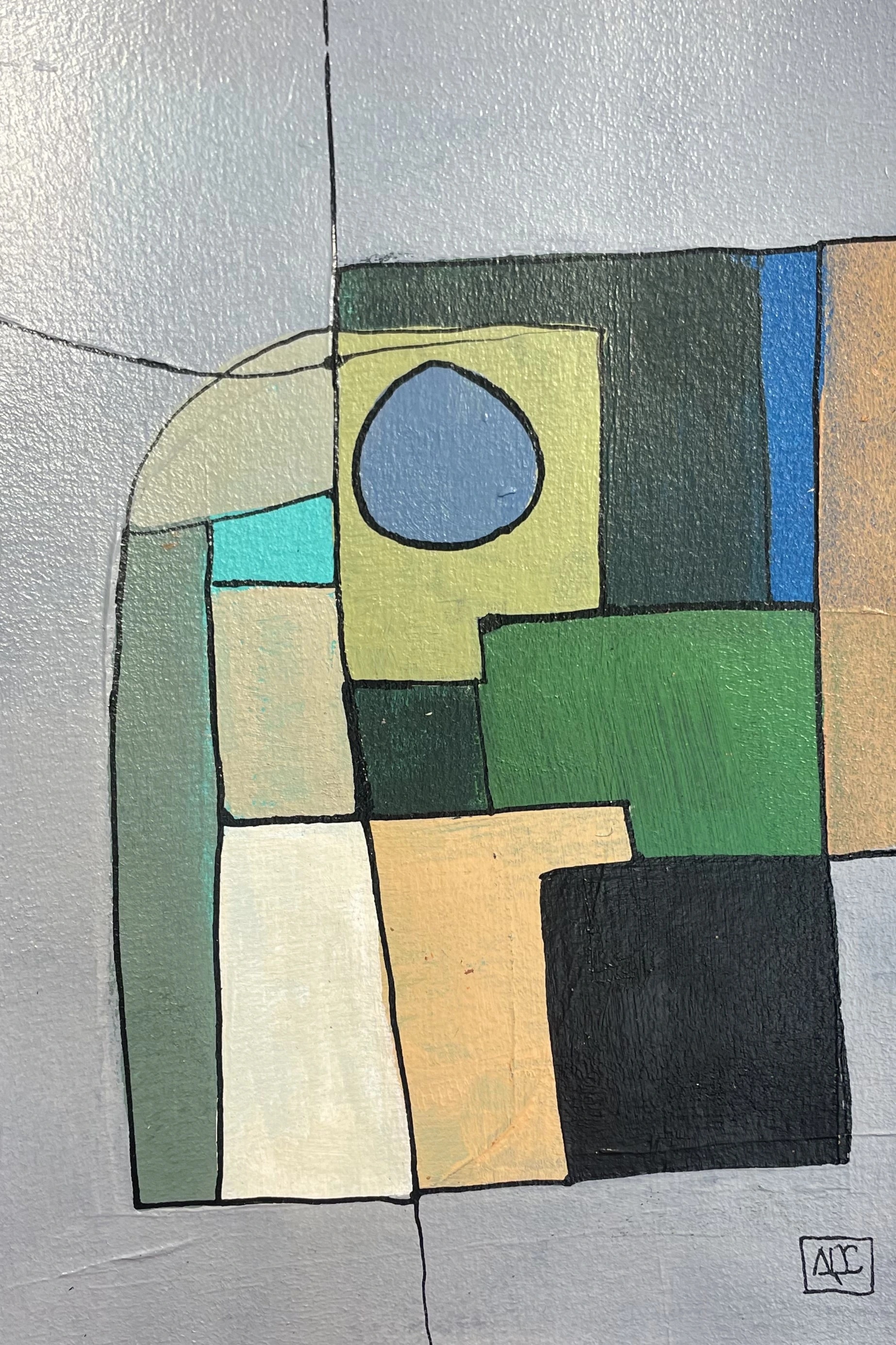 B Minor 7 by Arnaud Quercy at Art Quam Anima — Acrylic Painting on Paper, Acrylic painting with geometric rectangles in gray, yellow-orange, green, and blue-violet arranged vertically