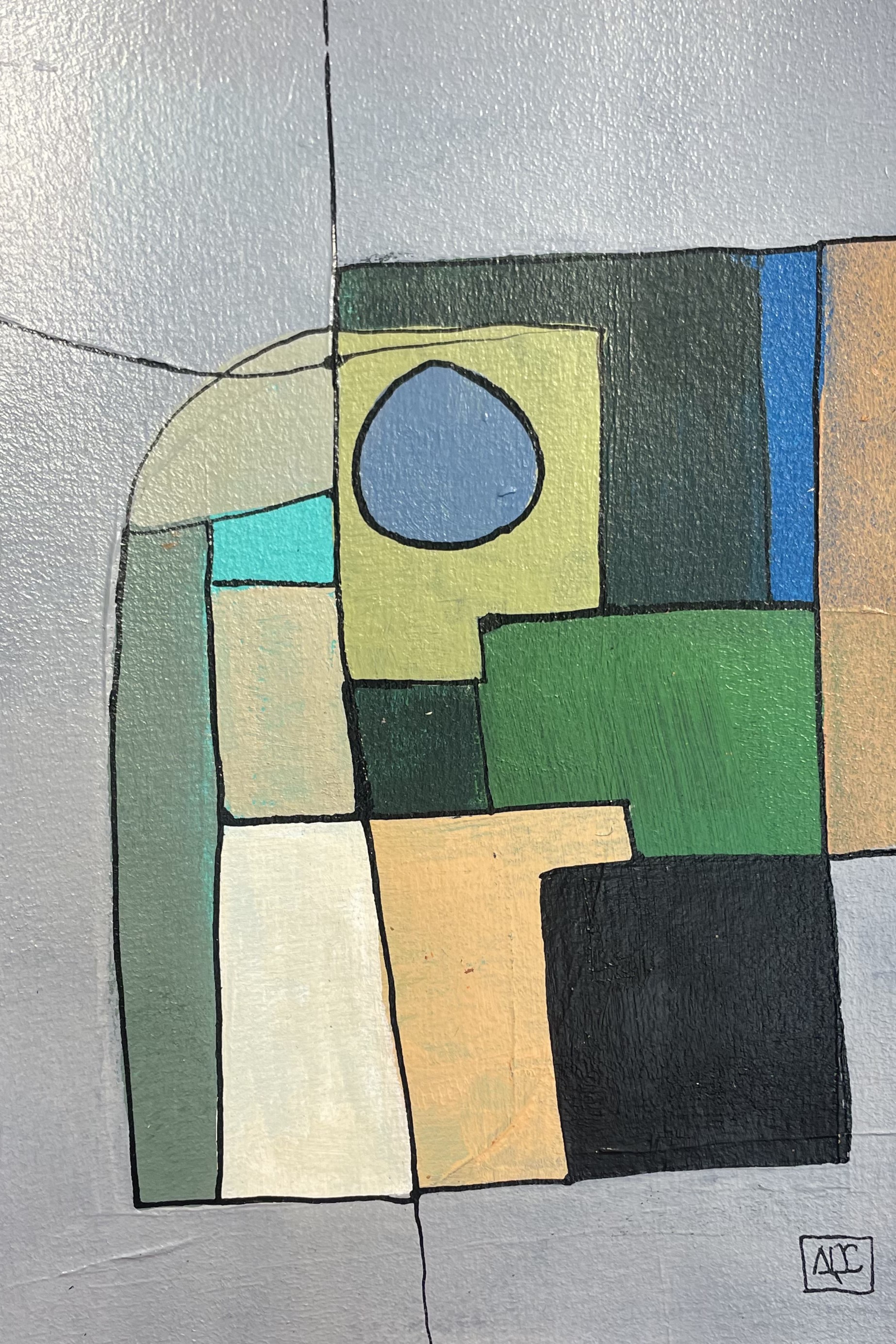 Acrylic painting with geometric rectangles in gray, yellow-orange, green, and blue-violet arranged vertically