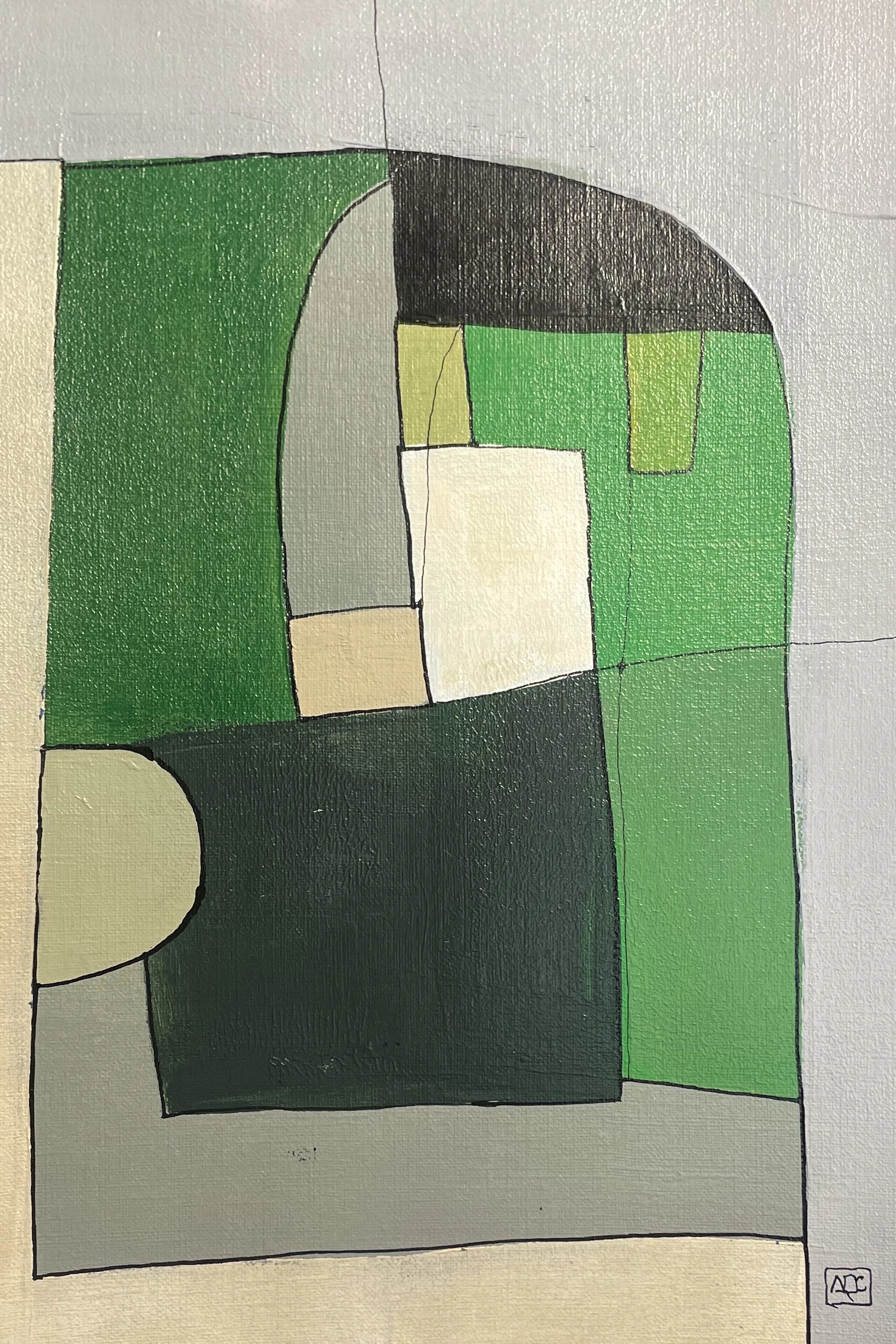 B sus4 by Arnaud Quercy at Art Quam Anima — Acrylic Painting on Paper, Acrylic painting with yellow-green geometric forms and cream areas arranged vertically on paper support