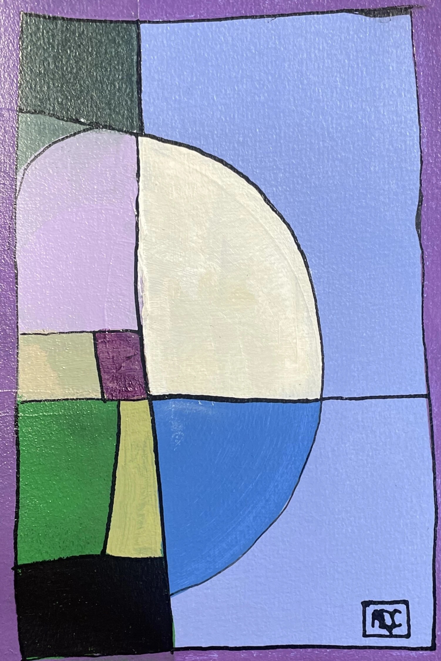 Bb7sus by Arnaud Quercy at Art Quam Anima — Acrylic Painting on Paper, Acrylic painting with geometric color blocks in blue-violet, cream, violet, and black arranged in systematic harmonic relationships