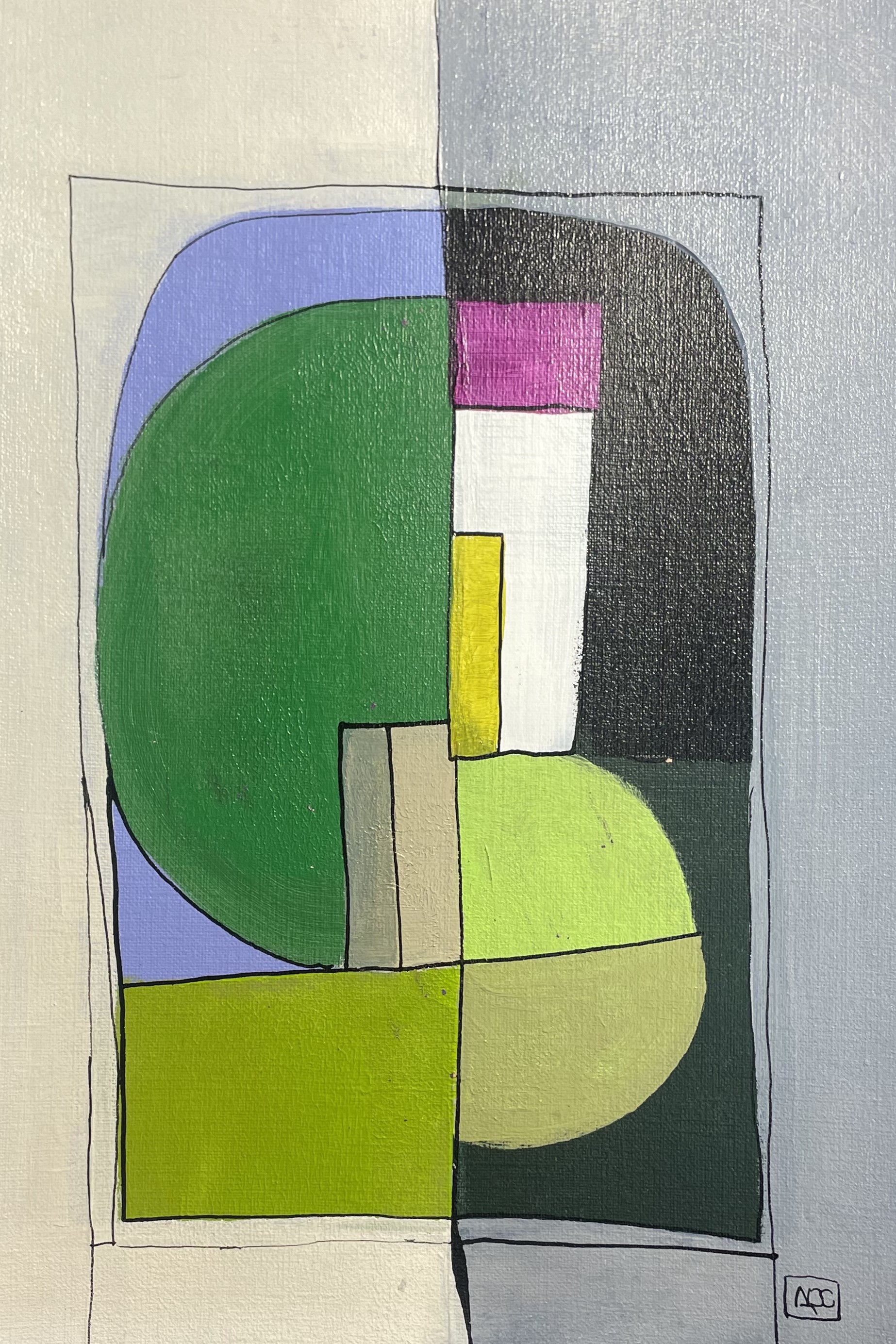 Acrylic painting: geometric shapes in yellow-gray, silver, and yellow-green with red-violet accents arranged vertically