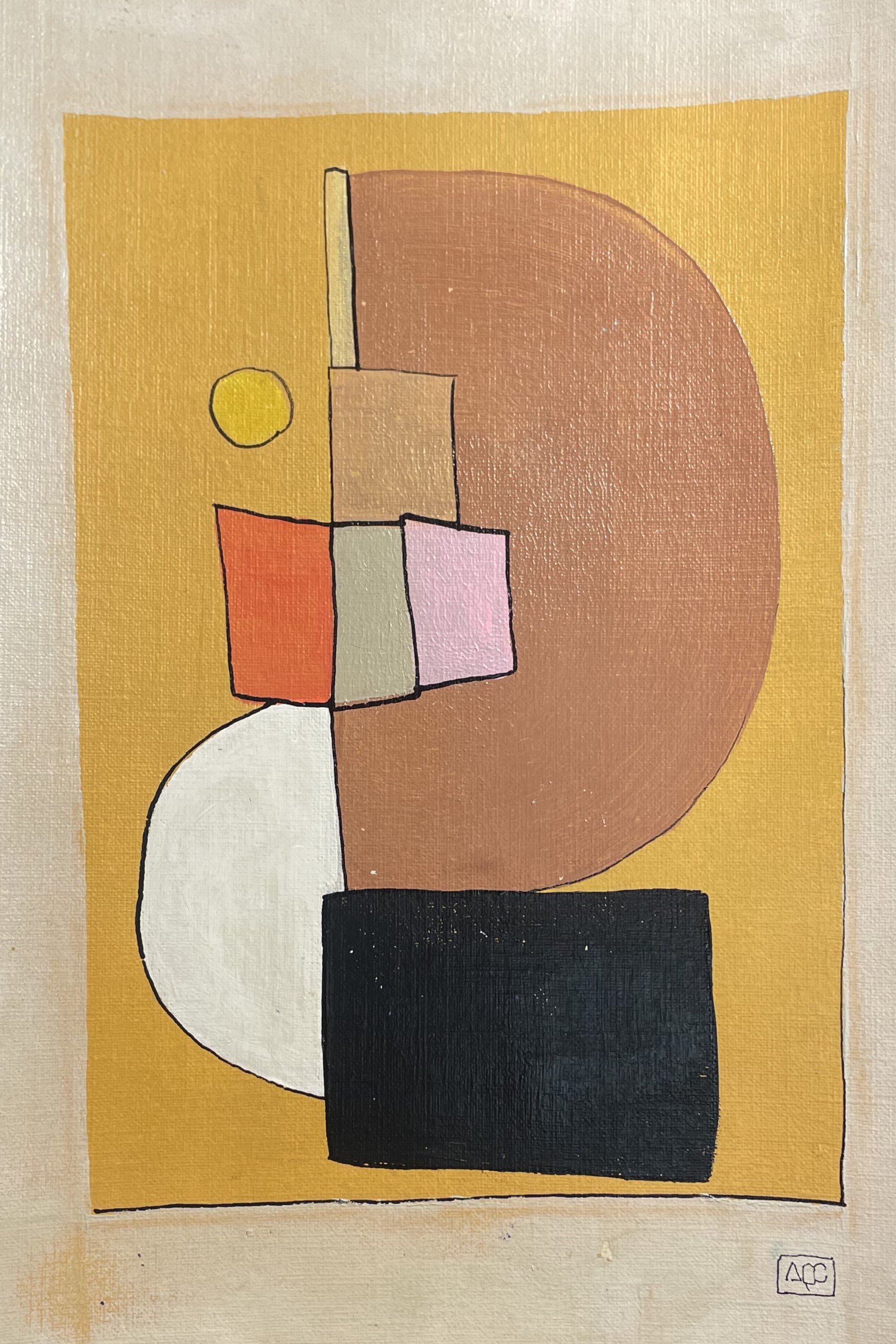 Acrylic painting with geometric forms in yellow-orange, orange, and gray tones arranged vertically on paper