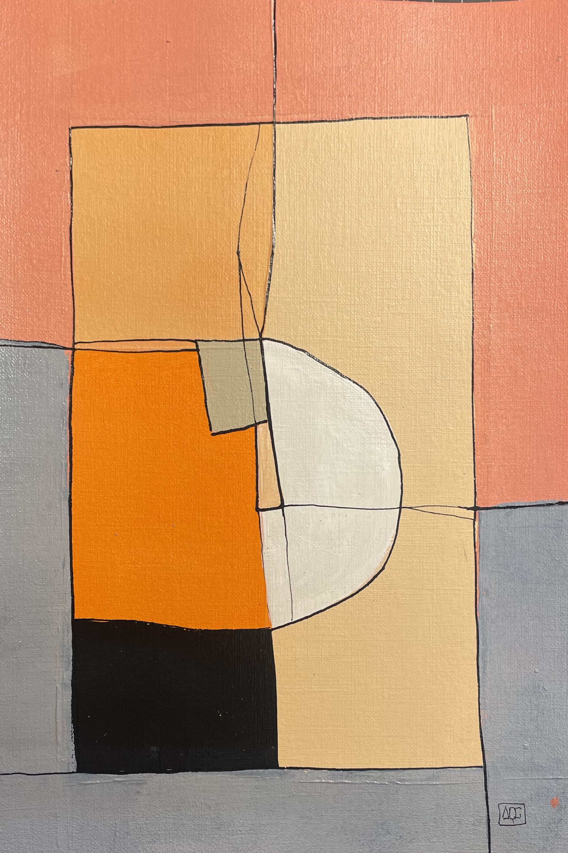 Acrylic painting with orange and yellow-orange geometric forms on neutral background with single red accent