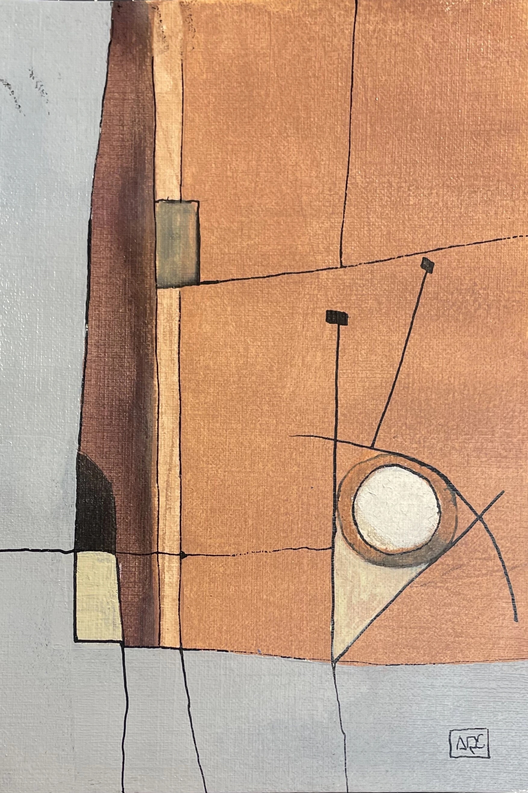 D5 (Power Chord) - variation 1 by Arnaud Quercy at Art Quam Anima — Acrylic Painting on Paper, Horizontal acrylic painting with orange and gray tones representing D5 power chord through chromesthetic color mapping