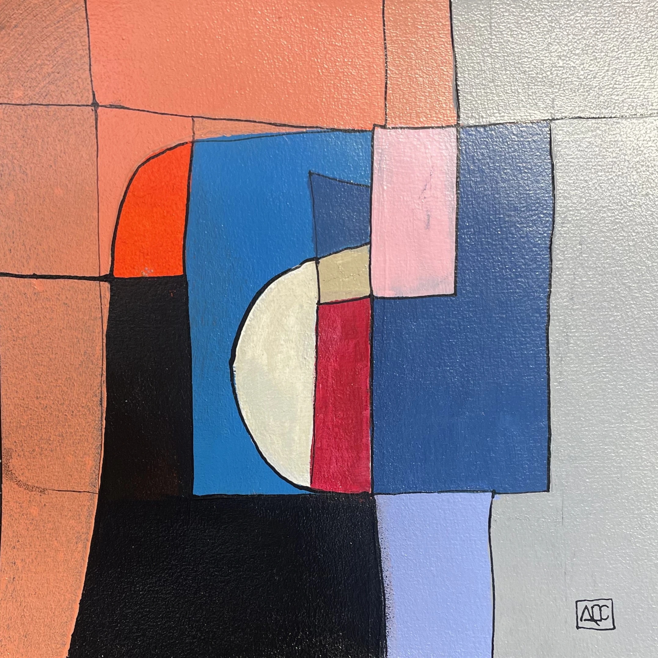 Eb major 7 - Research on harmnony by Arnaud Quercy at Art Quam Anima — Acrylic Painting on Paper, Square acrylic painting showing gray, red-orange, and blue-violet geometric forms with orange accent areas