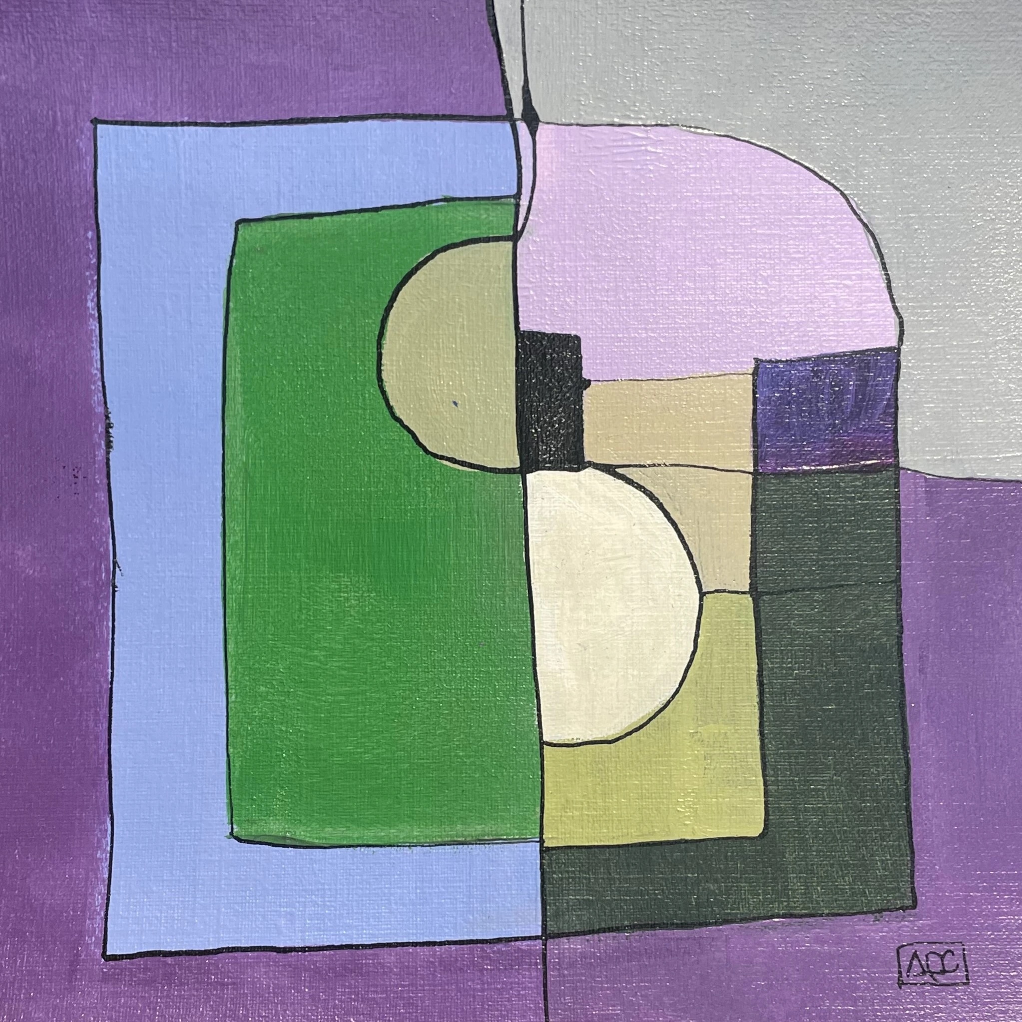 Eb minor M7 by Arnaud Quercy at Art Quam Anima — Acrylic Painting on Paper, Square acrylic painting with violet and yellow-green geometric forms representing musical harmony relationships