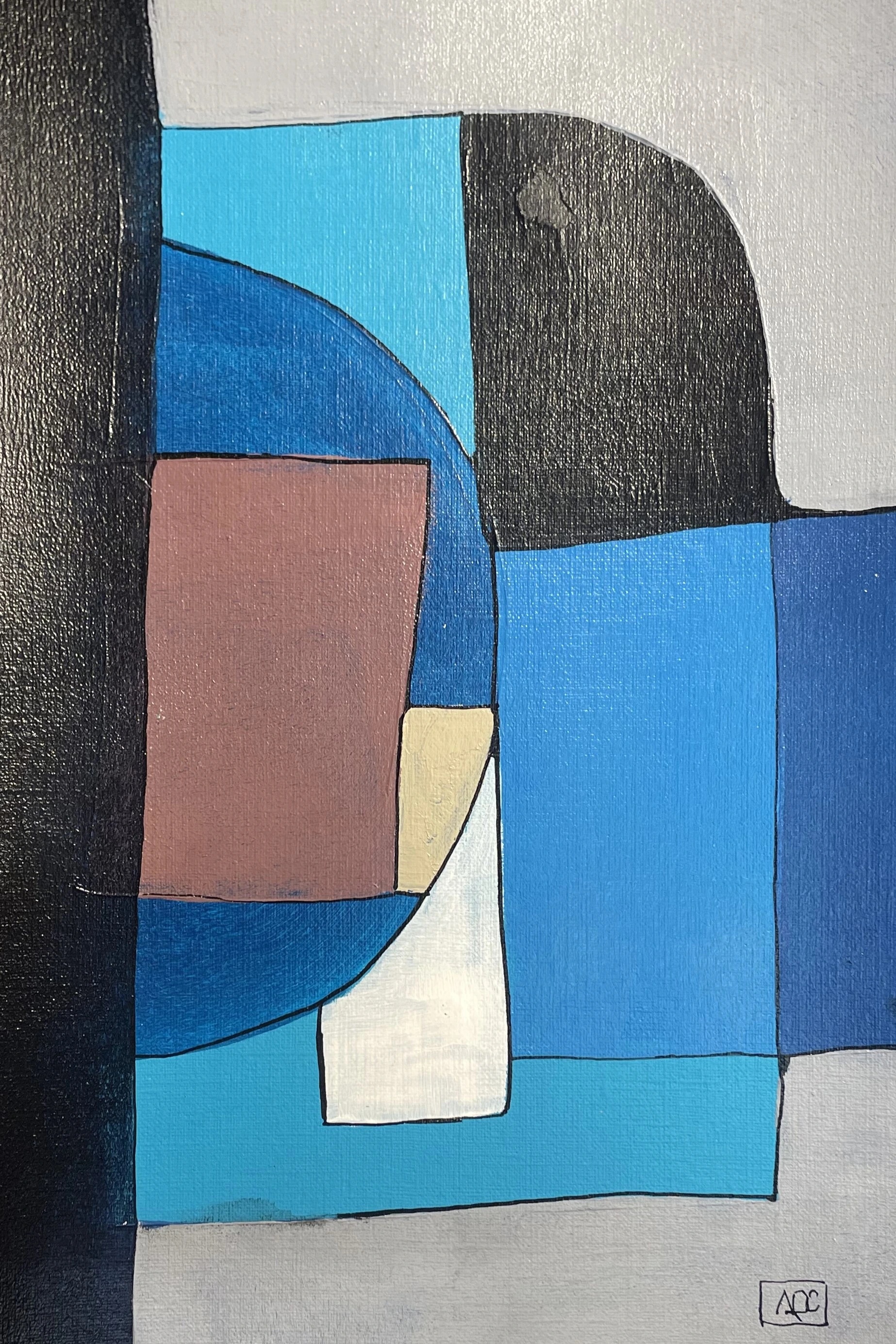 Eb7 by Arnaud Quercy at Art Quam Anima — Acrylic Painting on Paper, Acrylic painting with geometric color blocks in gray, blue-violet, and red-orange tones arranged as musical chord visualization