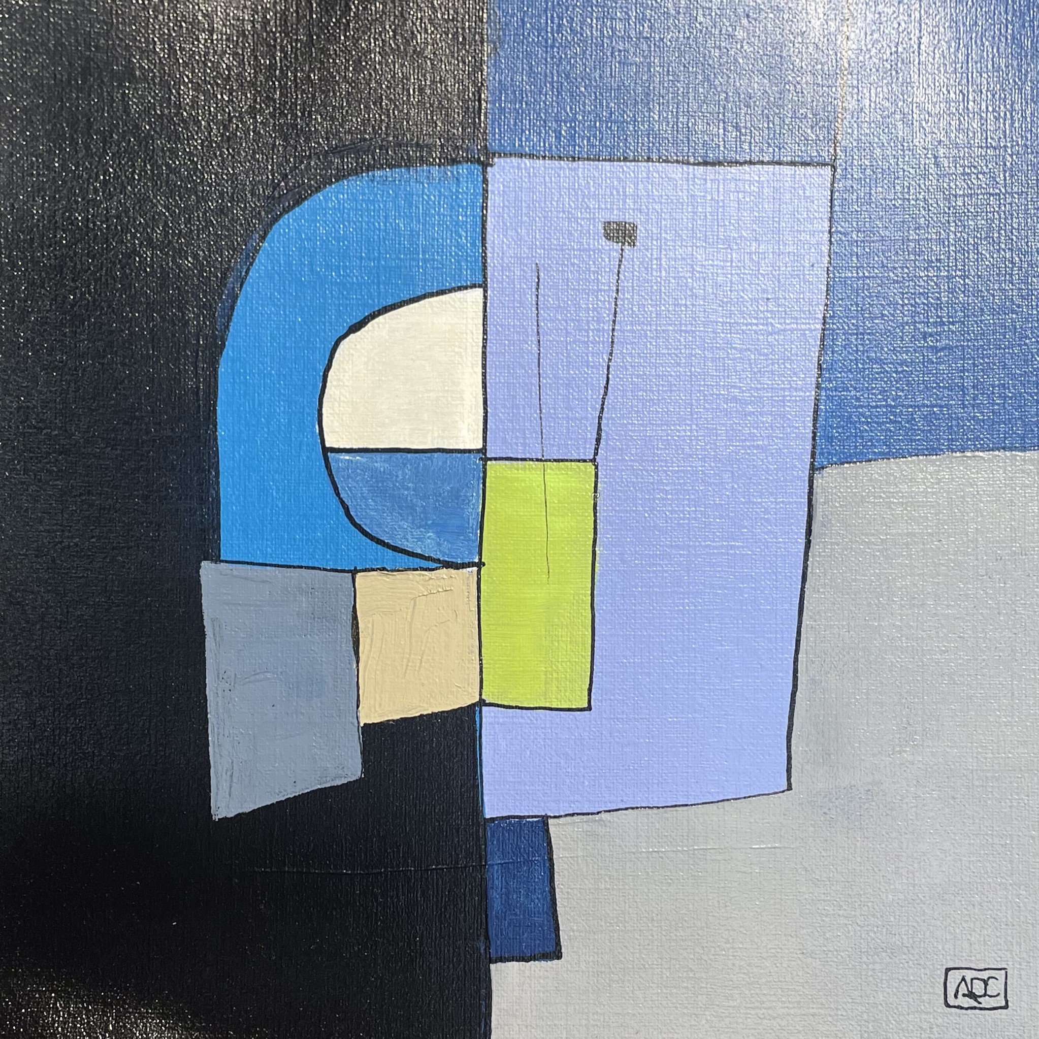 Square acrylic painting with silver, blue-violet and gray geometric forms, small yellow accents creating harmonic color study